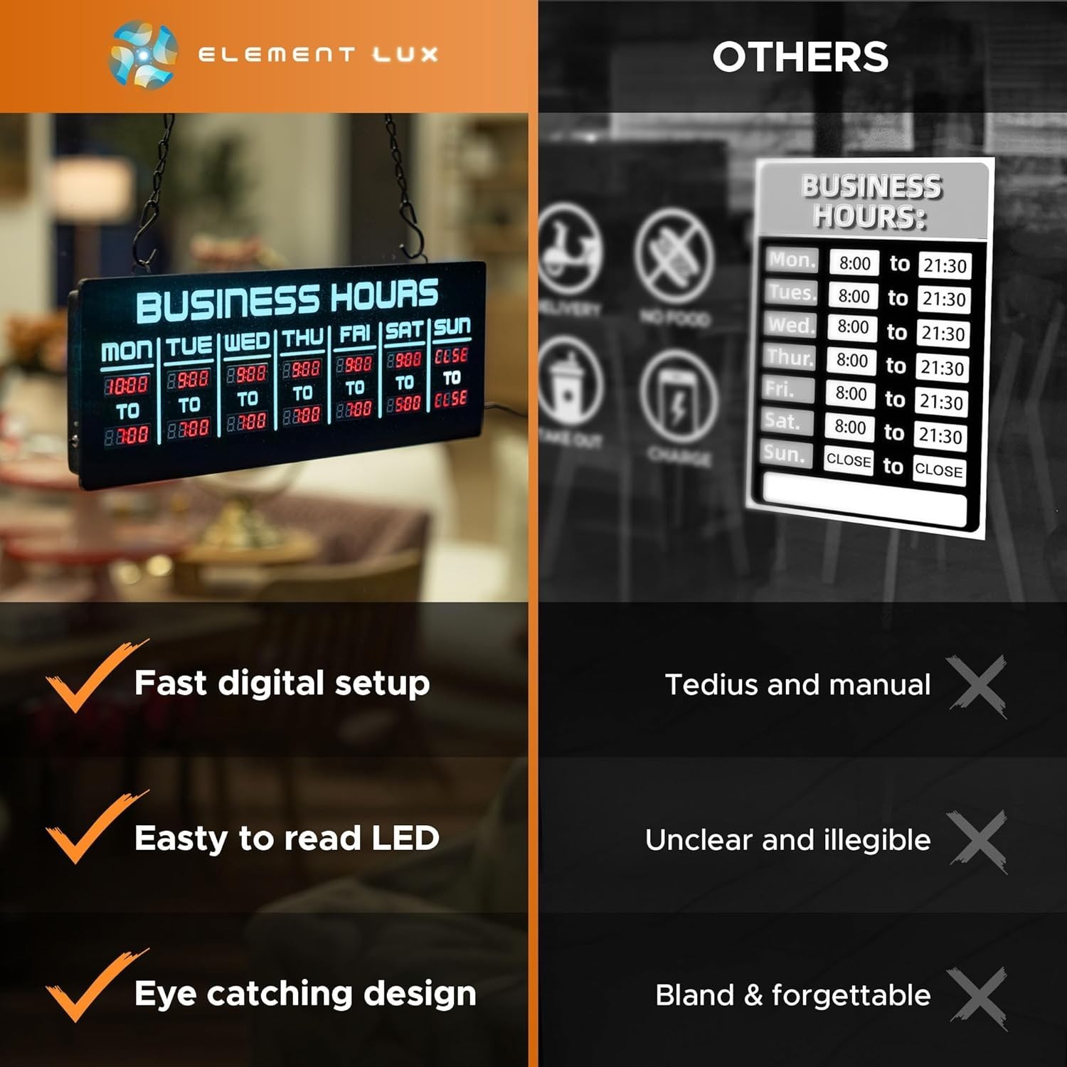 Digital Business Hours Sign by ELEMENT LUX – Electronic Programmable Hours of Op