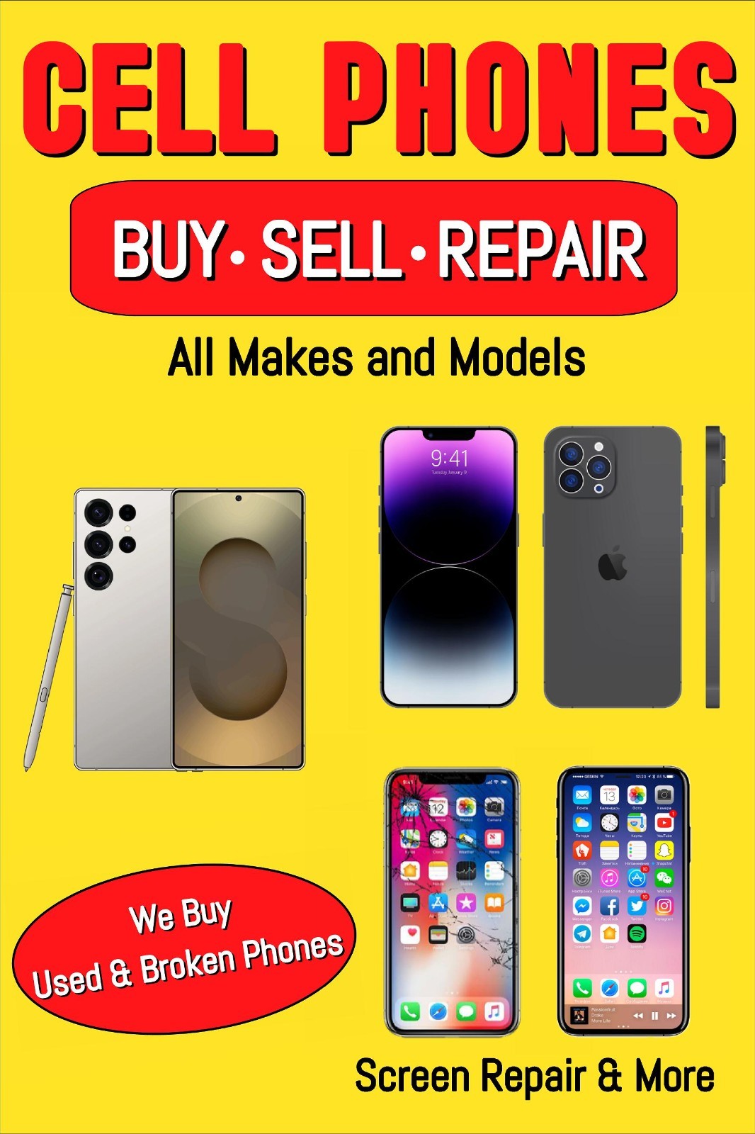Cell Phones Buy Sell Repair Advertising poster sign
