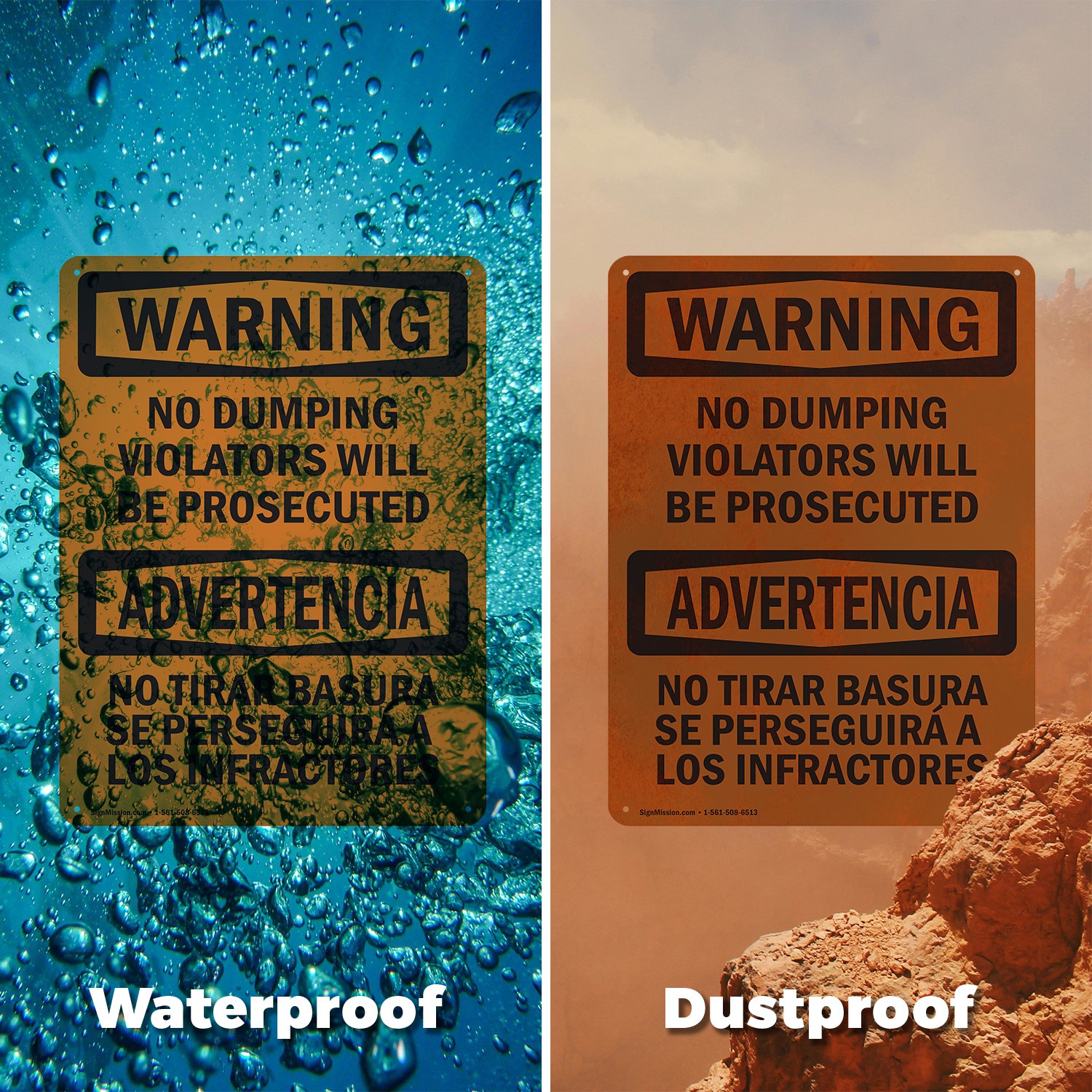 (2 Pack) No Dumping Violators Prosecuted Bilingual OSHA Warning Sign Decal Metal