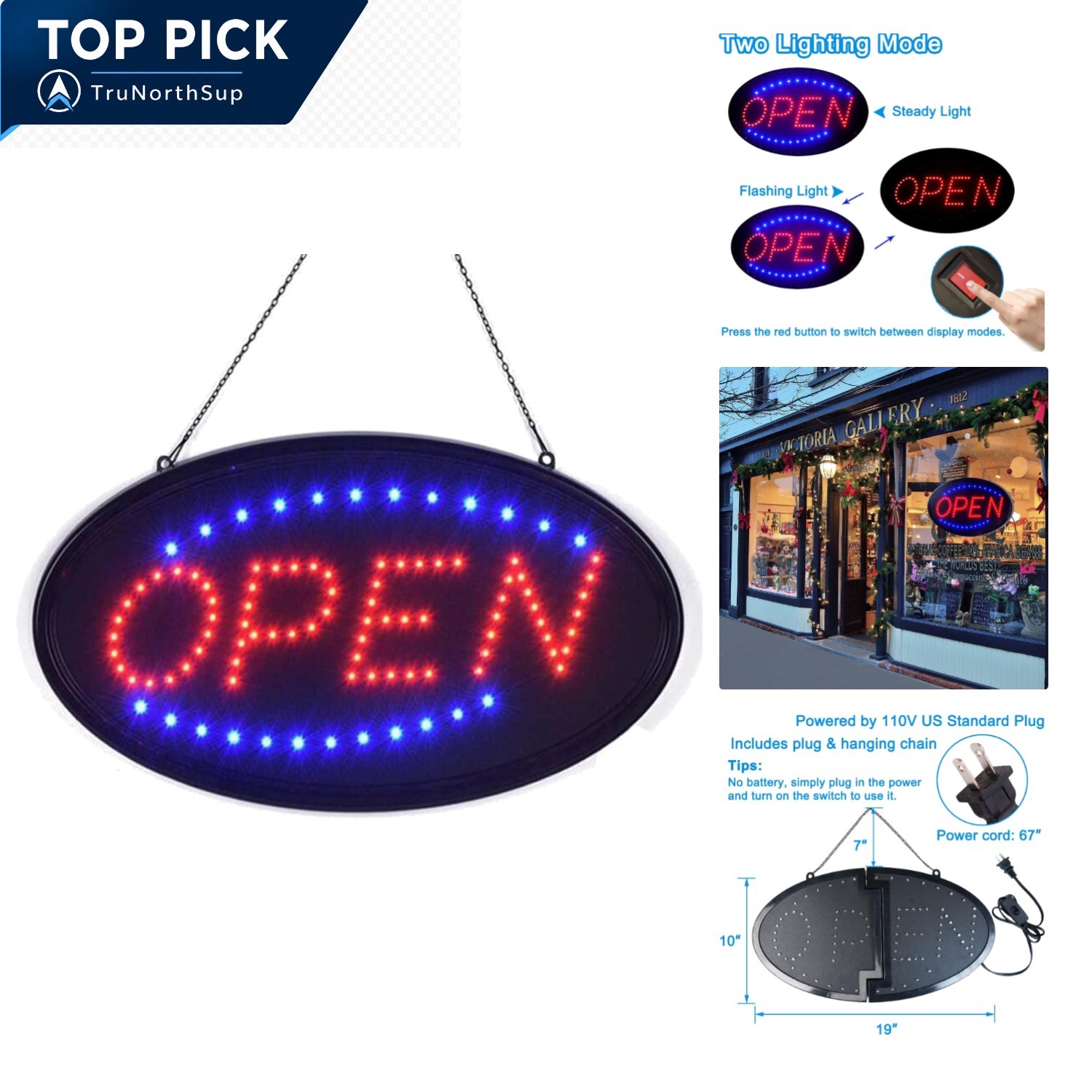 LED Open Sign 19×10 Inches Bright Wall Mount Flashing Window Bar Shop Hotel
