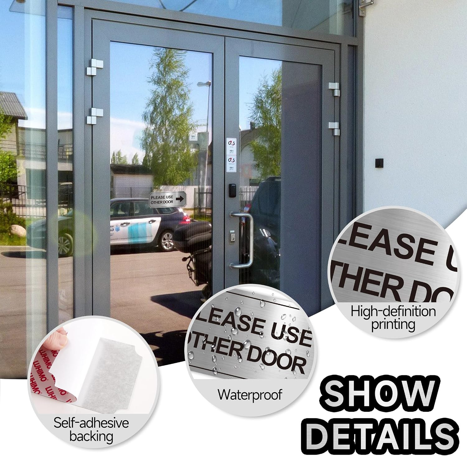 2Pack Use Other Door Sign，Self-Adhesive Weatherproof Brushed Silver Vinyl Please