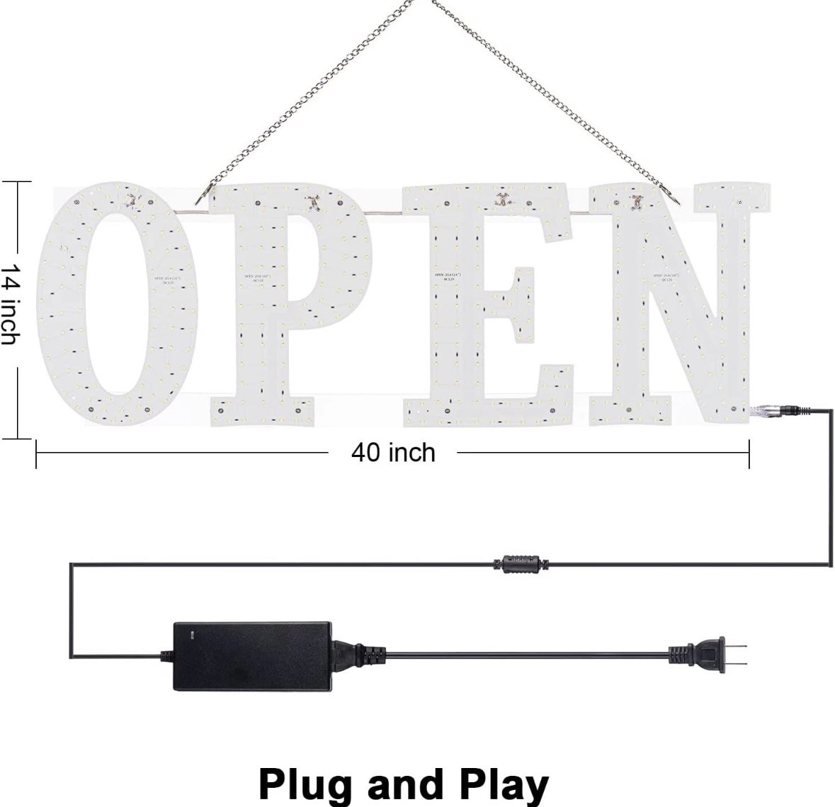 40″x14″Bright LargeLED Open Sign for Business withHanging Installation-white