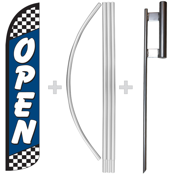 Open Blue Checkered 15′ Tall Windless Swooper Feather Banner Flag & Pole Kit