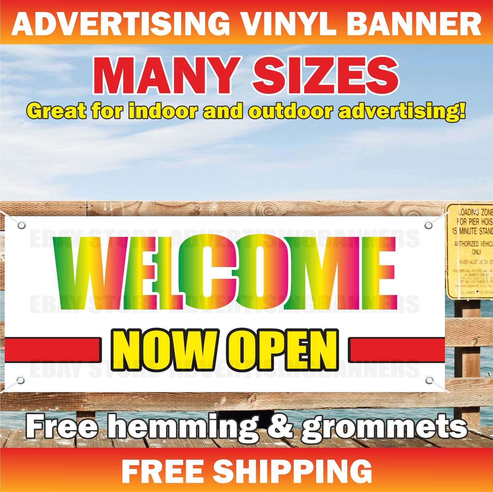 WELCOME NOW OPEN Advertising Banner Vinyl Mesh Sign OPEN 24 HOURS Grand Opening
