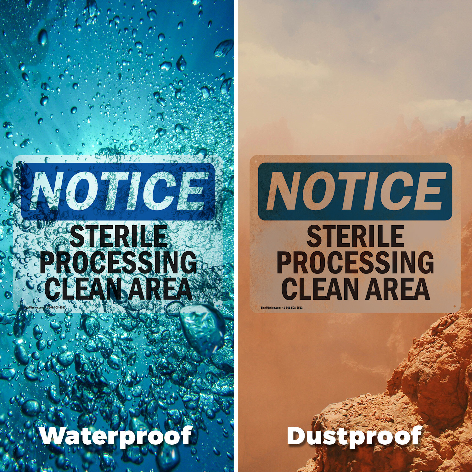 (2 Pack) Sterile Processing Clean Area OSHA Notice Sign Decal Metal Plastic
