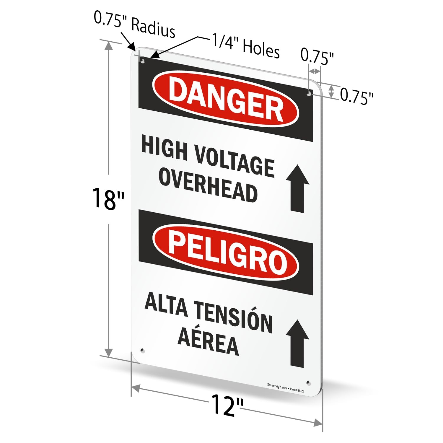 12×18 Inch Danger High Voltage Overhead Bilingual Aluminum Sign Upward Arrow