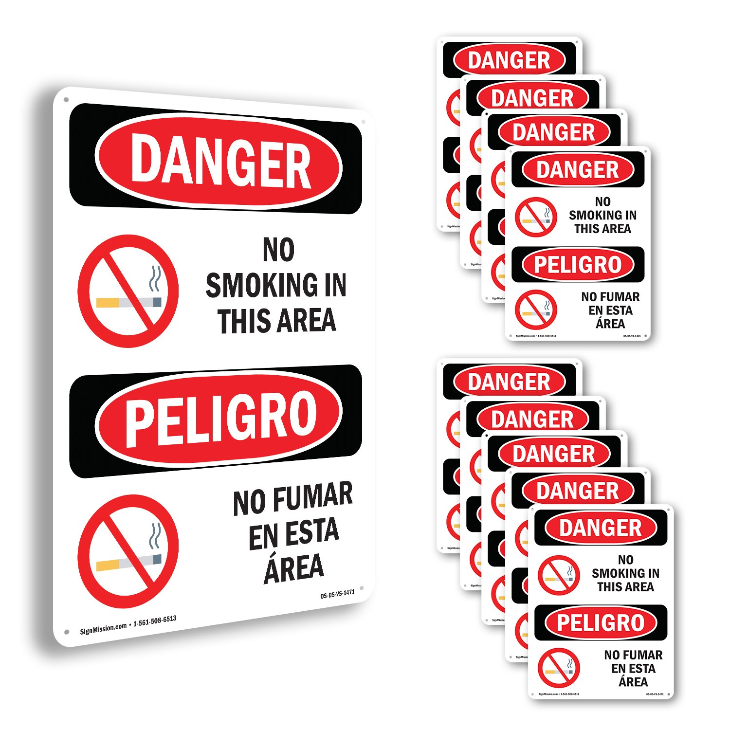 No Smoking In This Area Bilingual OSHA Danger Sign Metal, Decal – 5 or 10 Pack