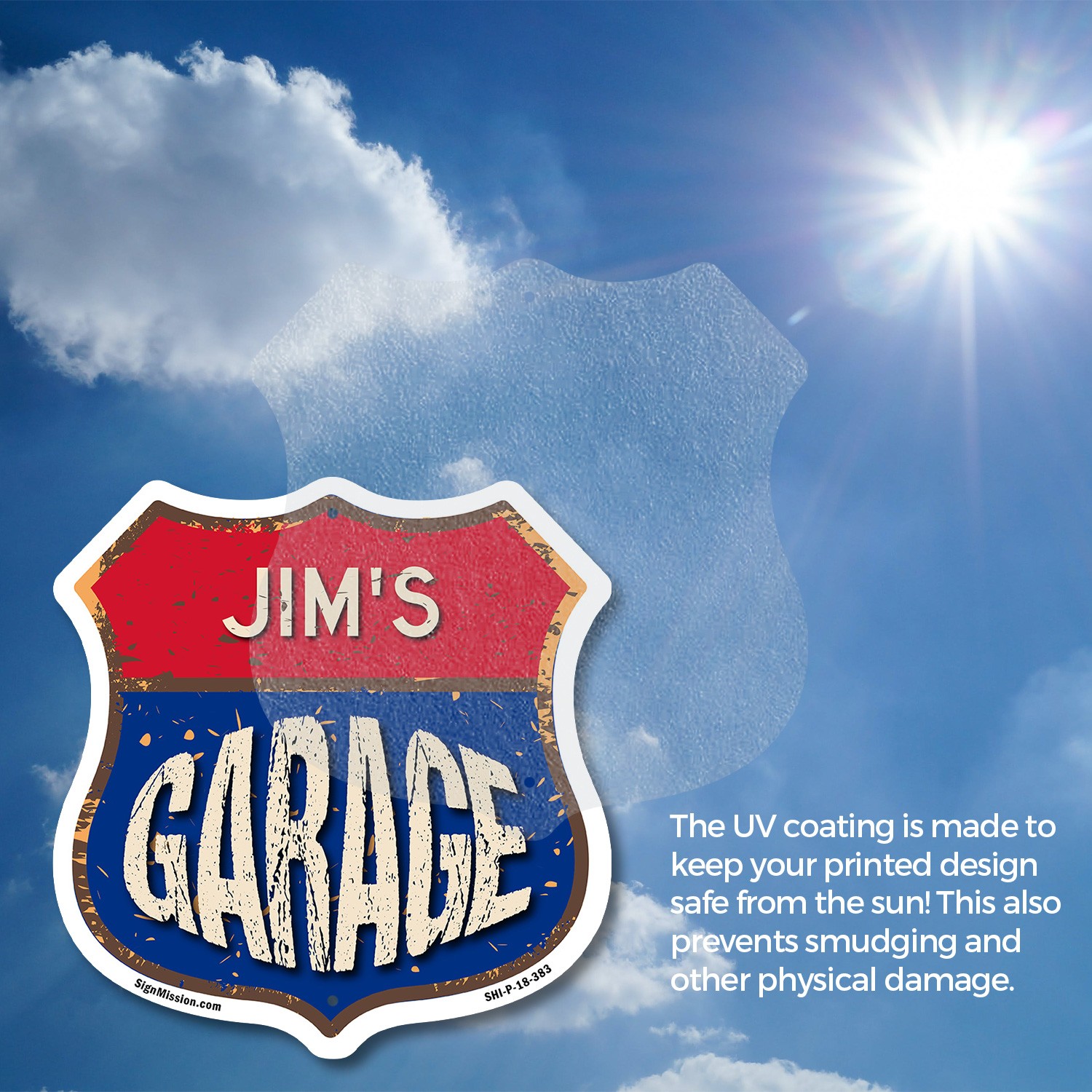 Jim’s Garage Shield Shaped Sign Weather Resistant Crafted in the USA