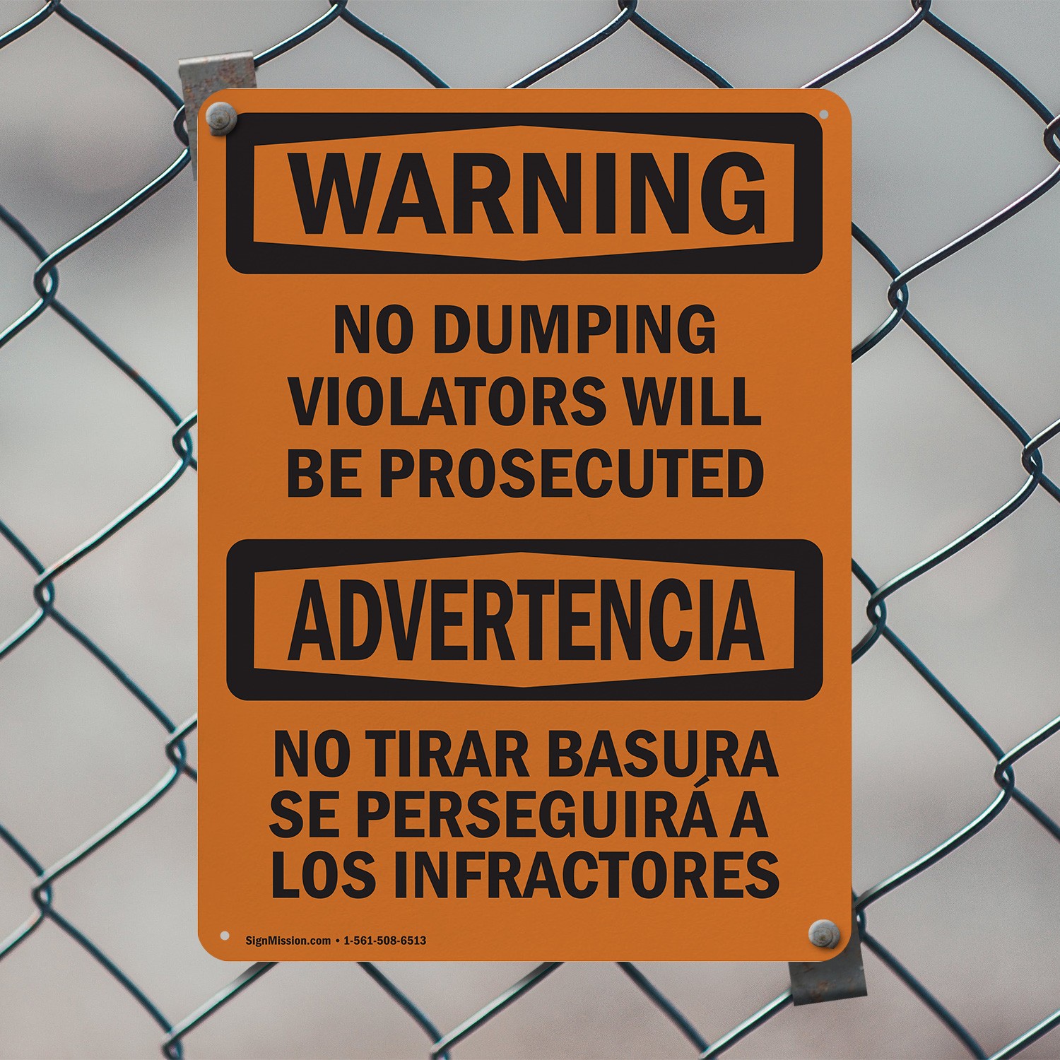 (2 Pack) No Dumping Violators Prosecuted Bilingual OSHA Warning Sign Decal Metal