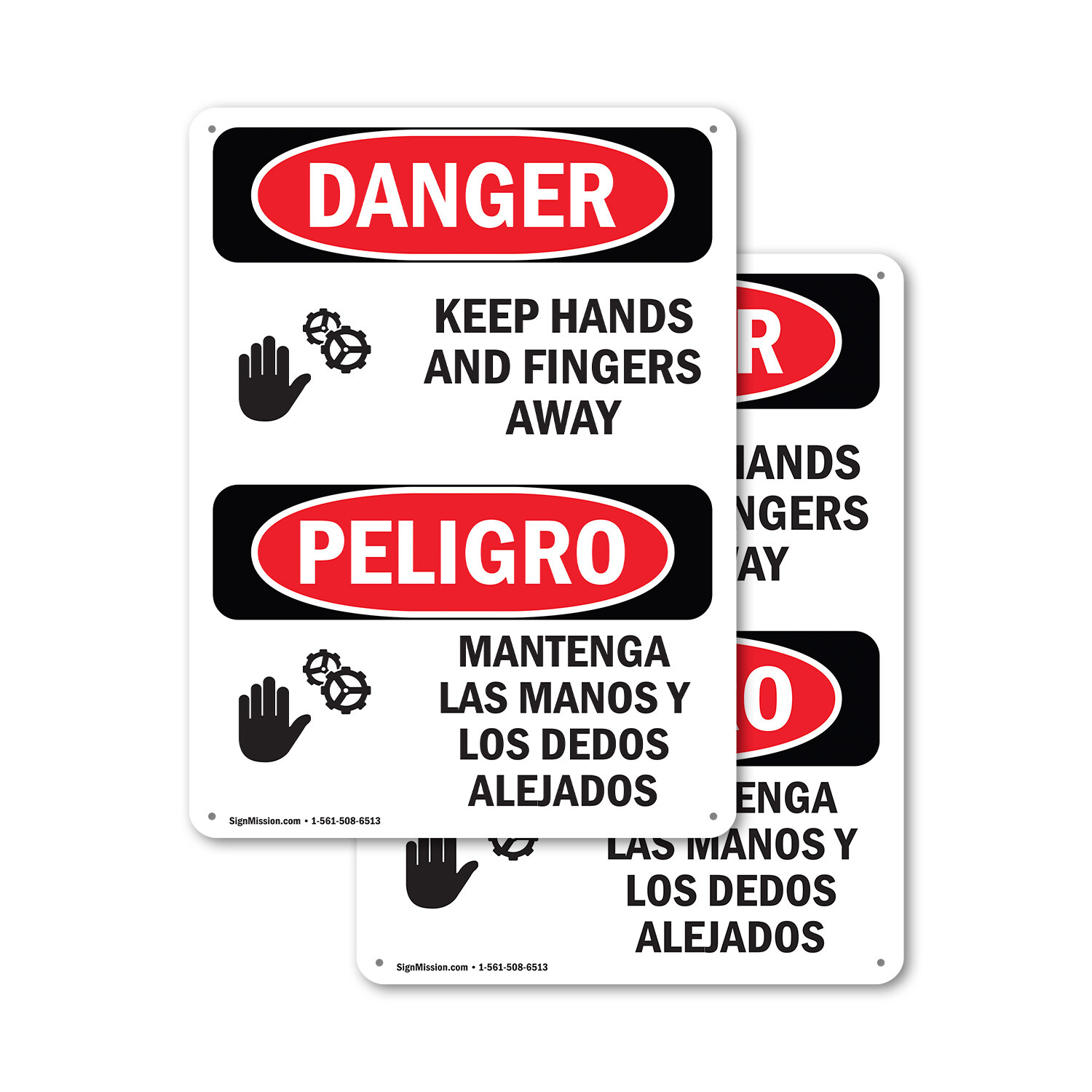 (2 Pack) Keep Hands And Fingers Away Bilingual OSHA Danger Sign Decal Metal