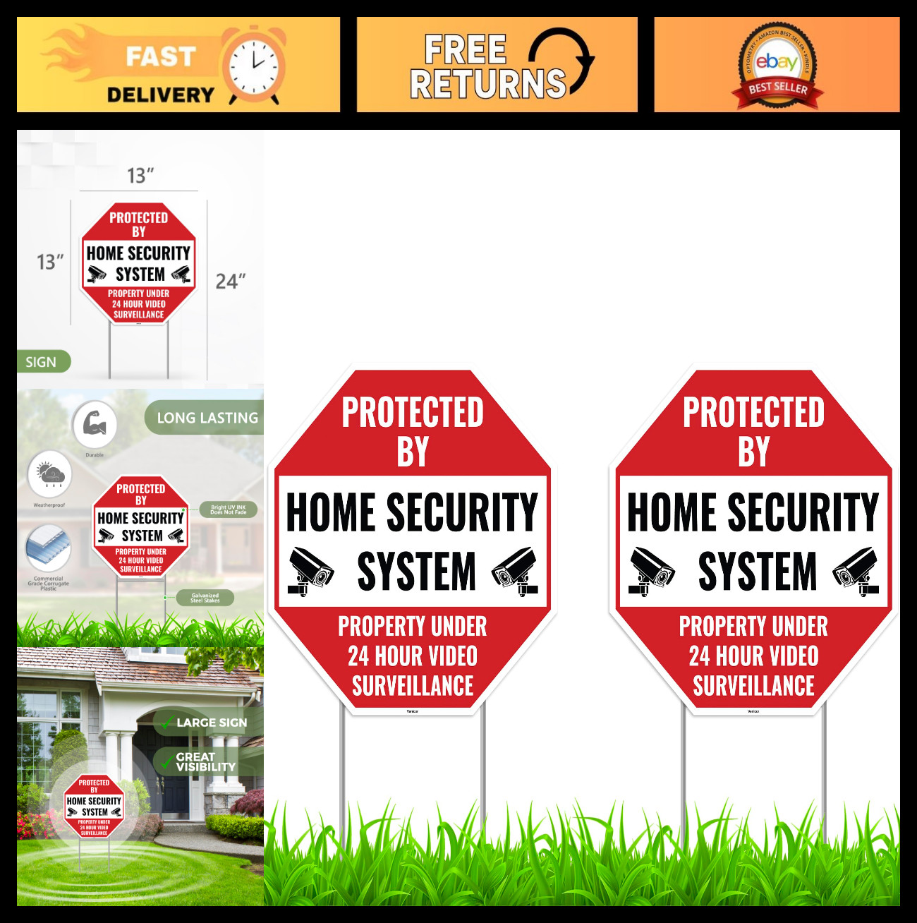 2PC Home Security Signs with Stakes, 13″x13″ Corrugated Plastic – Alarm Monitori