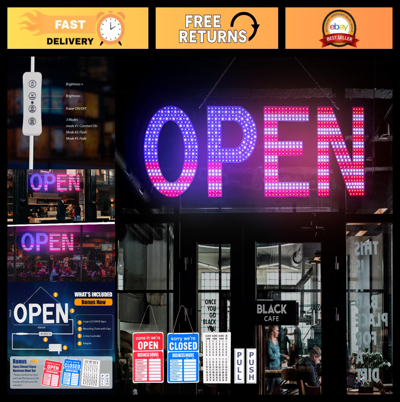 Large LED Open Sign for Business – 40″x14″ Ultra Bright Light Up Display, 3 Mode