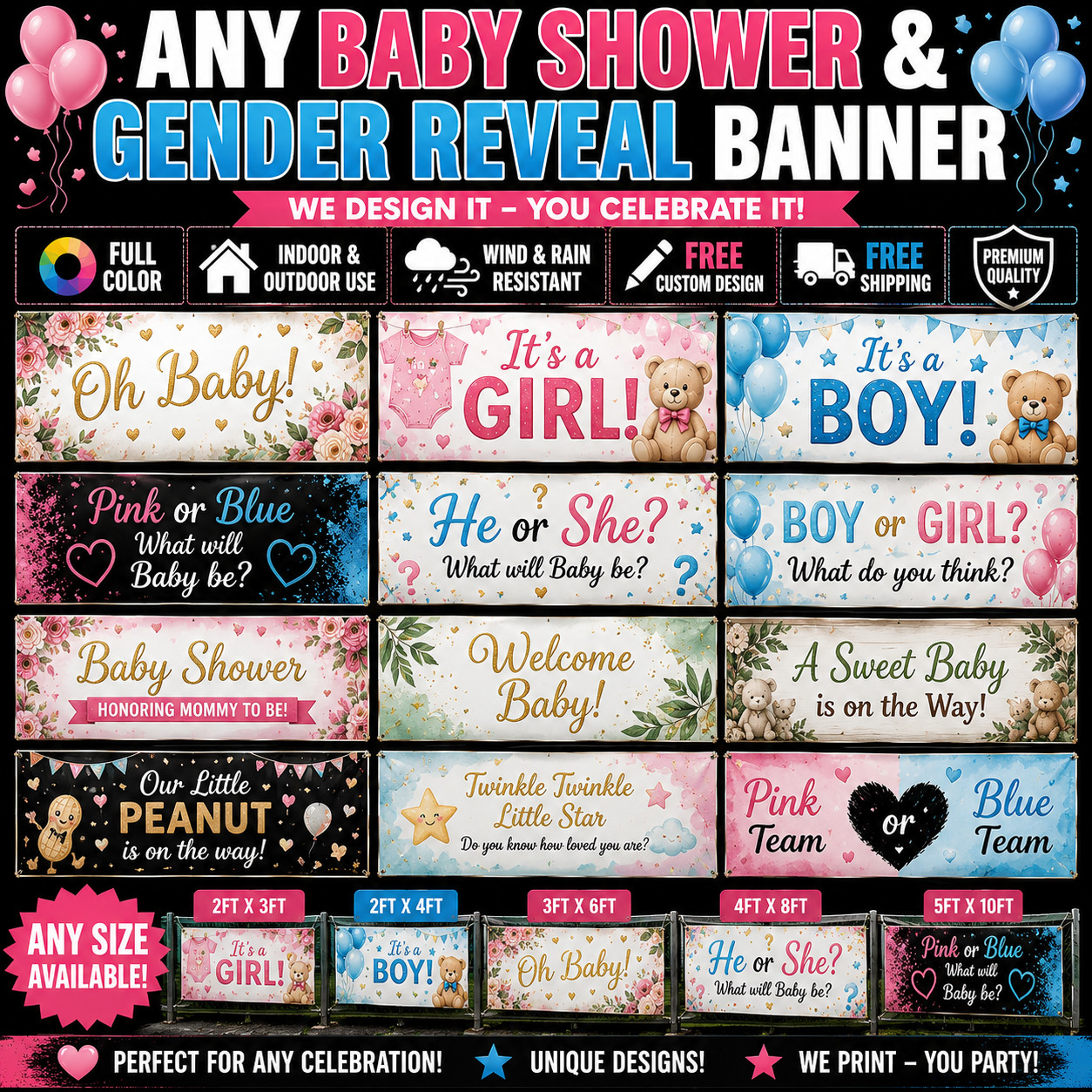 ANY BABY SHOWER OR GENDER REVEAL FULL COLOR BANNER INDOOR OUTDOOR USE
