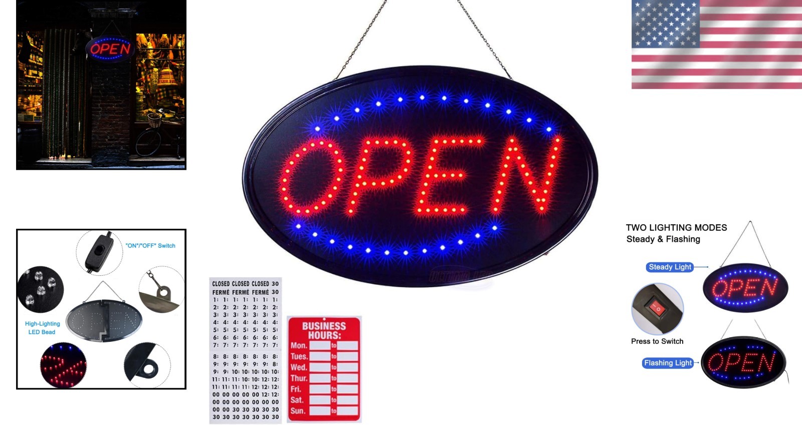 Wall-Mounted 19″x10″ LED Open Sign with Stainless Steel Chain for Easy Setup