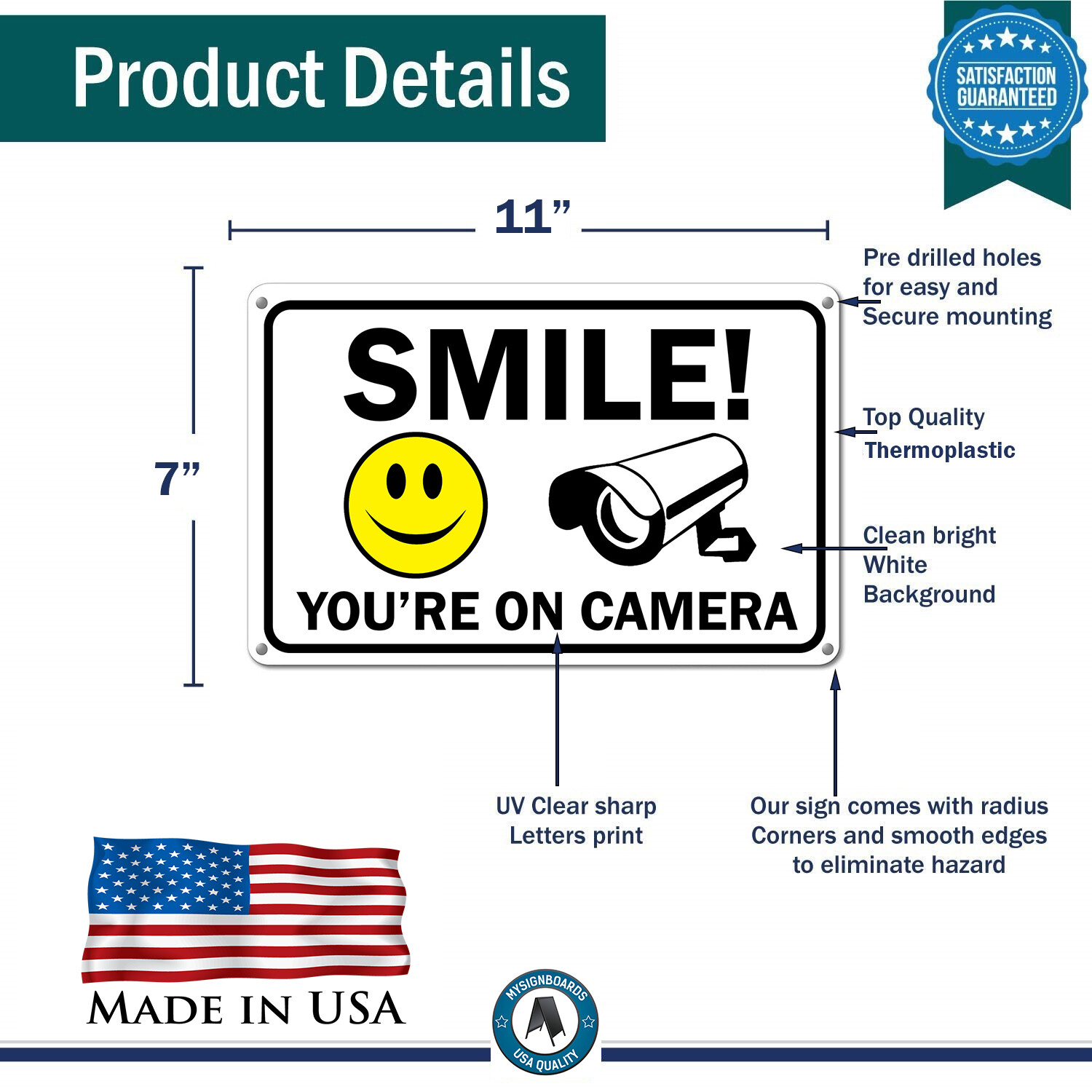 Smile You’re on Camera Sign Video Surveillance Signs 11″x 7″ UV Protected cctv