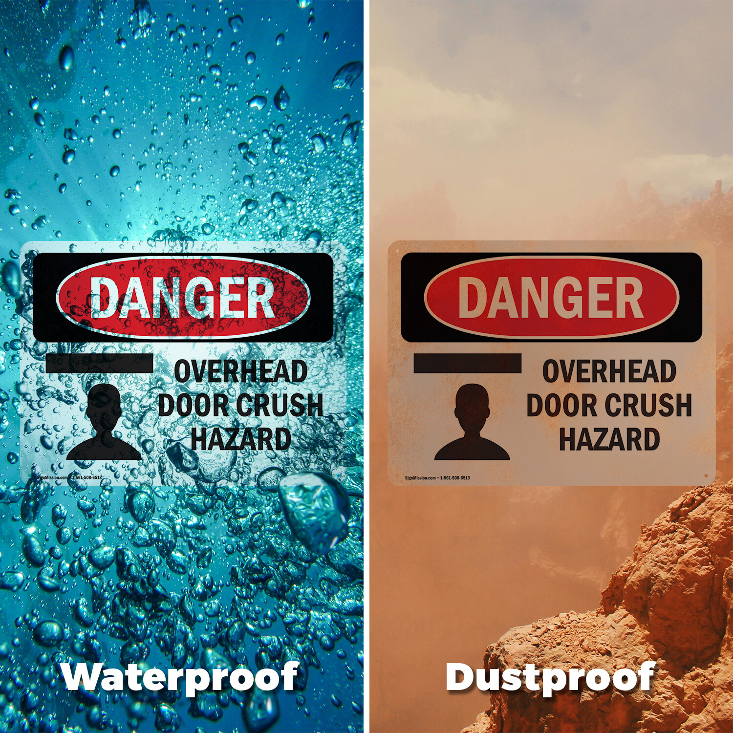 (2 Pack) Overhead Door Crush Hazard OSHA Danger Sign Decal Metal Plastic