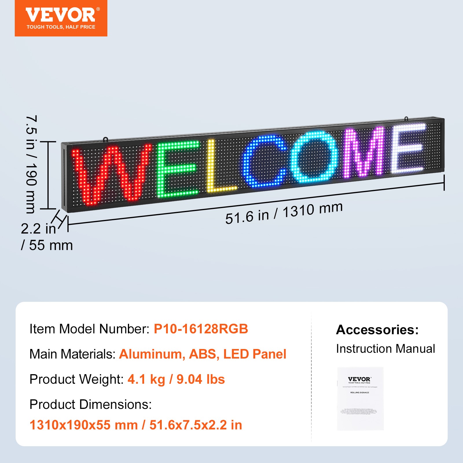 VEVOR 52″x8″ Programmable LED Sign Scrolling Display Board P10 Full Color