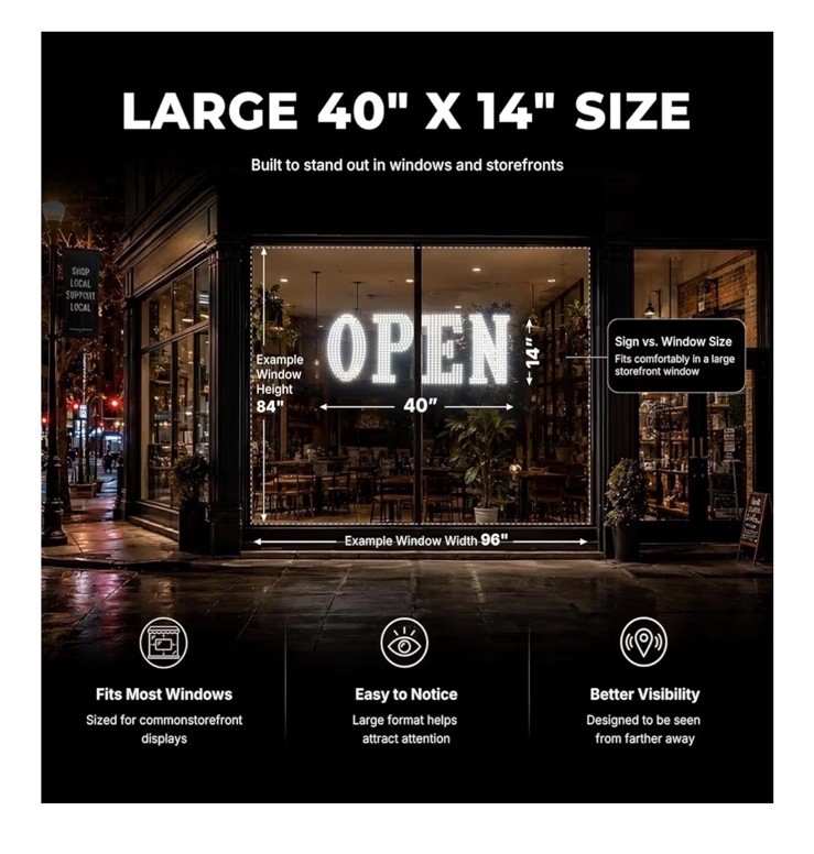 40″X 14″ Large LED Open Sign with Remote Control High Bright Visibility Business