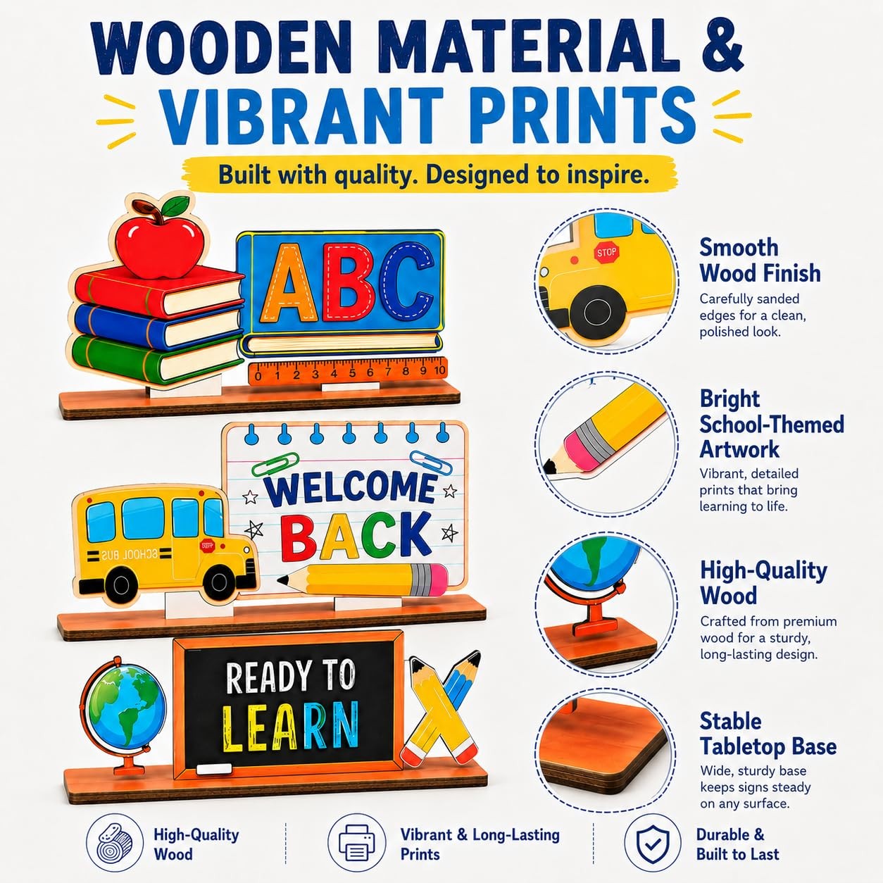 3Pcs Back to School Decorations, Wooden Double Sided Table Sign Set, First Da…