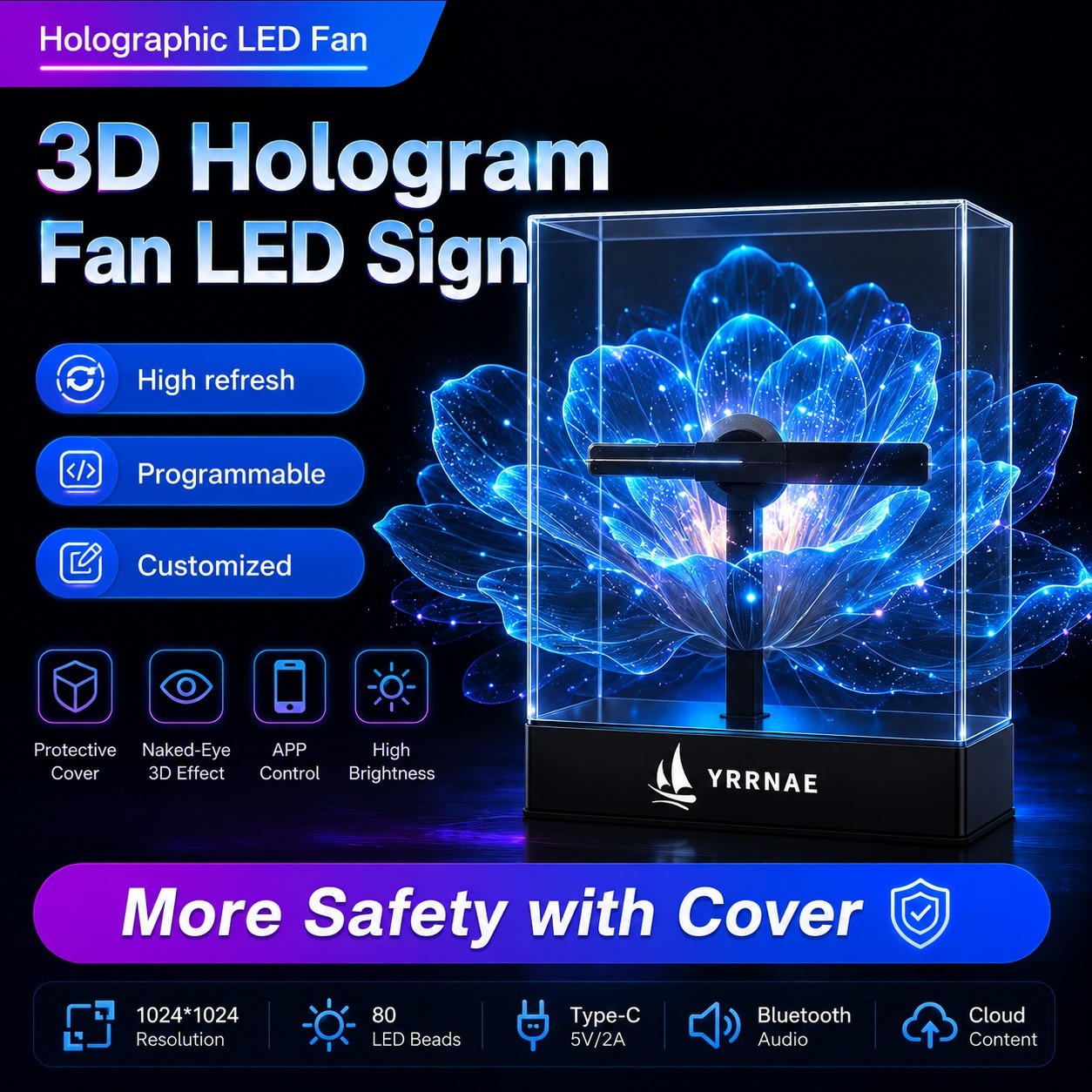 YRRNAE 3D Hologram Fan Display 8in LED Sign WiFi App Cover 1500 Videos 1080P