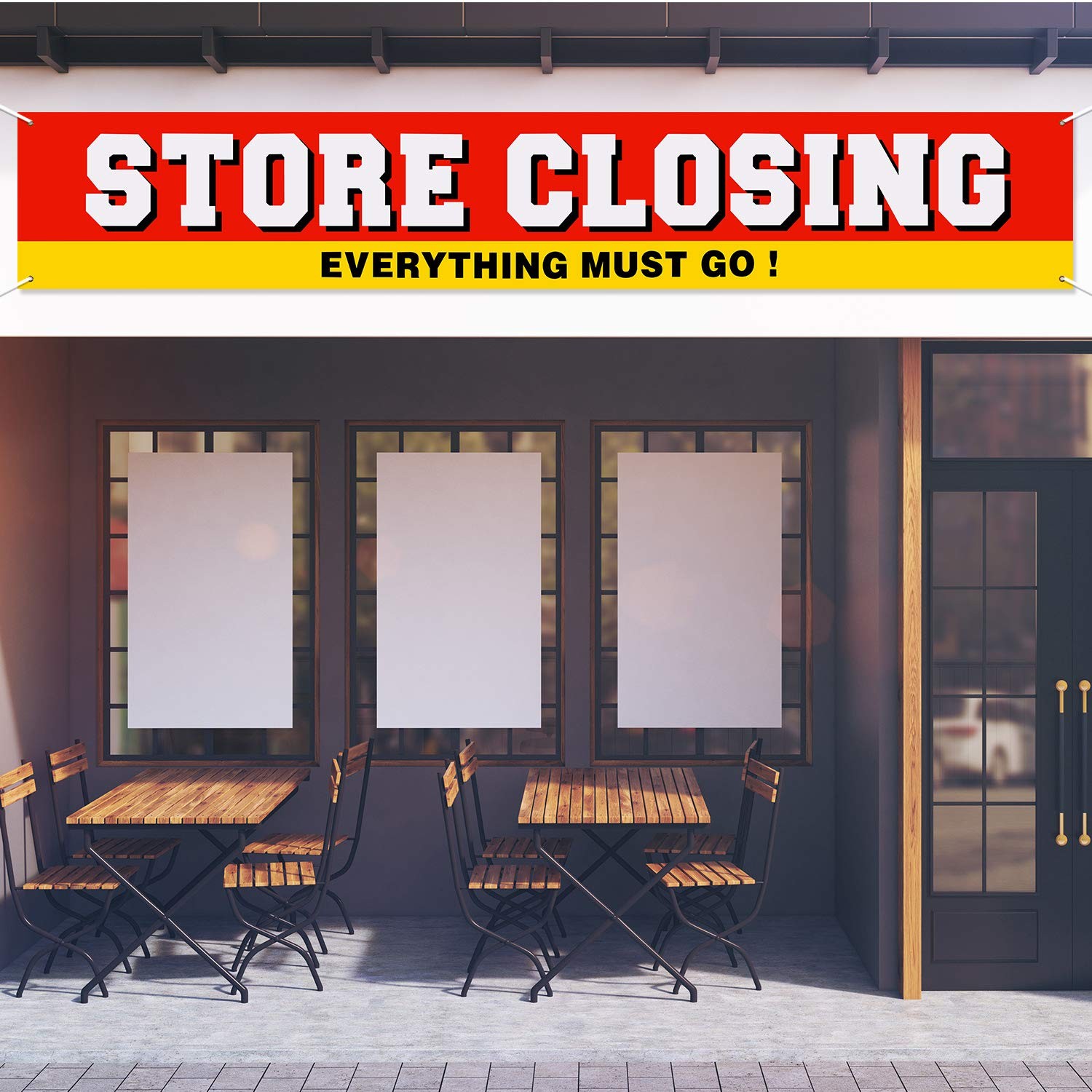 Large Store Closing Sign Banner 50 x 300 cm, Red, Yellow, White, Black