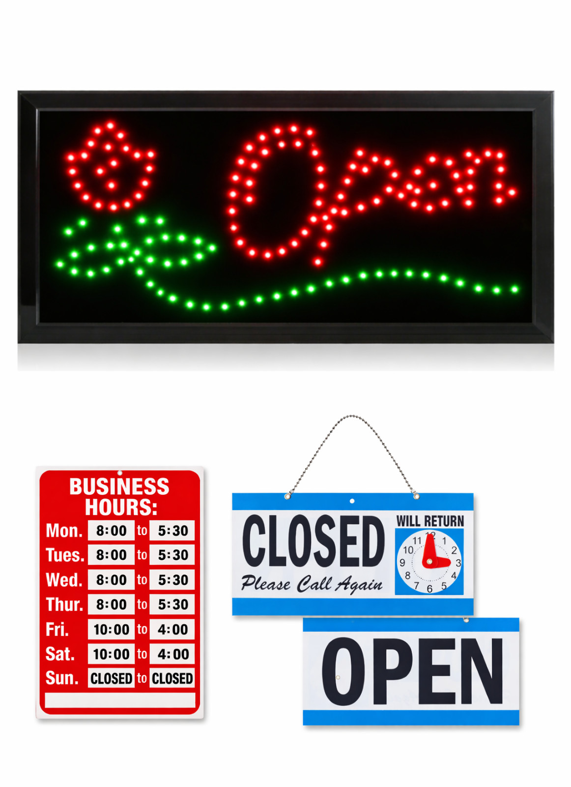 LED Neon Open Sign and Business Hour Sign Bundle for Business – Includes 3 Signs