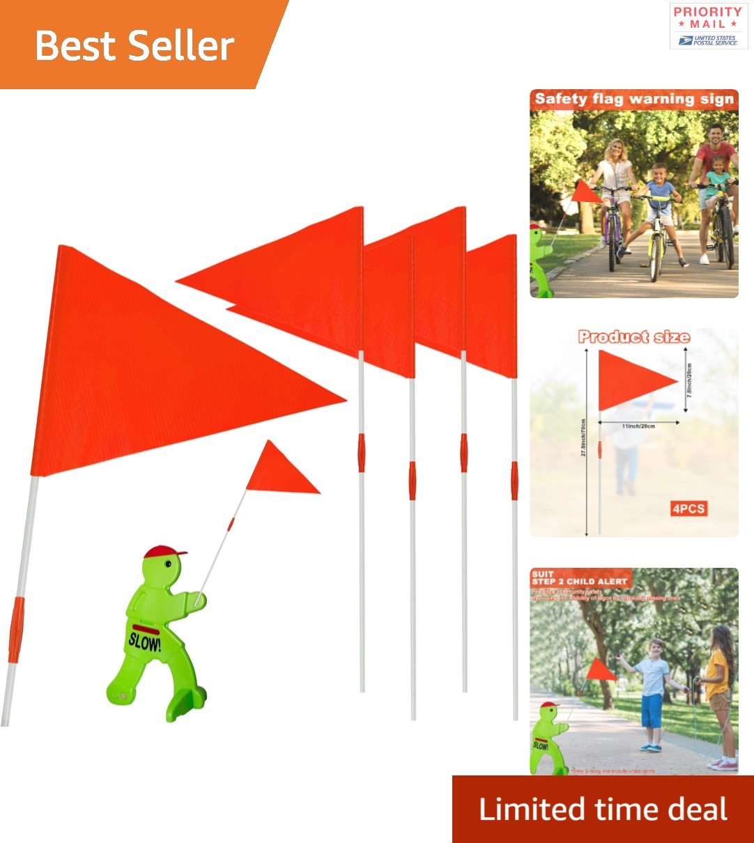 Warning Flags for Kids Play Safety 4 Pack with Replacement Poles Orange Color