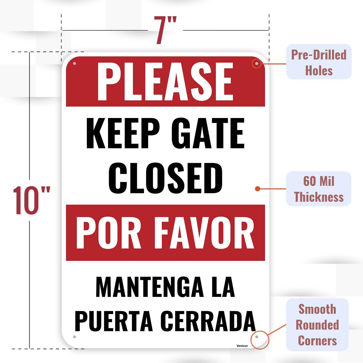 2PC Keep Gate Closed Sign Bilingual 10 x 7 Inches – Aluminum – Please Close G…