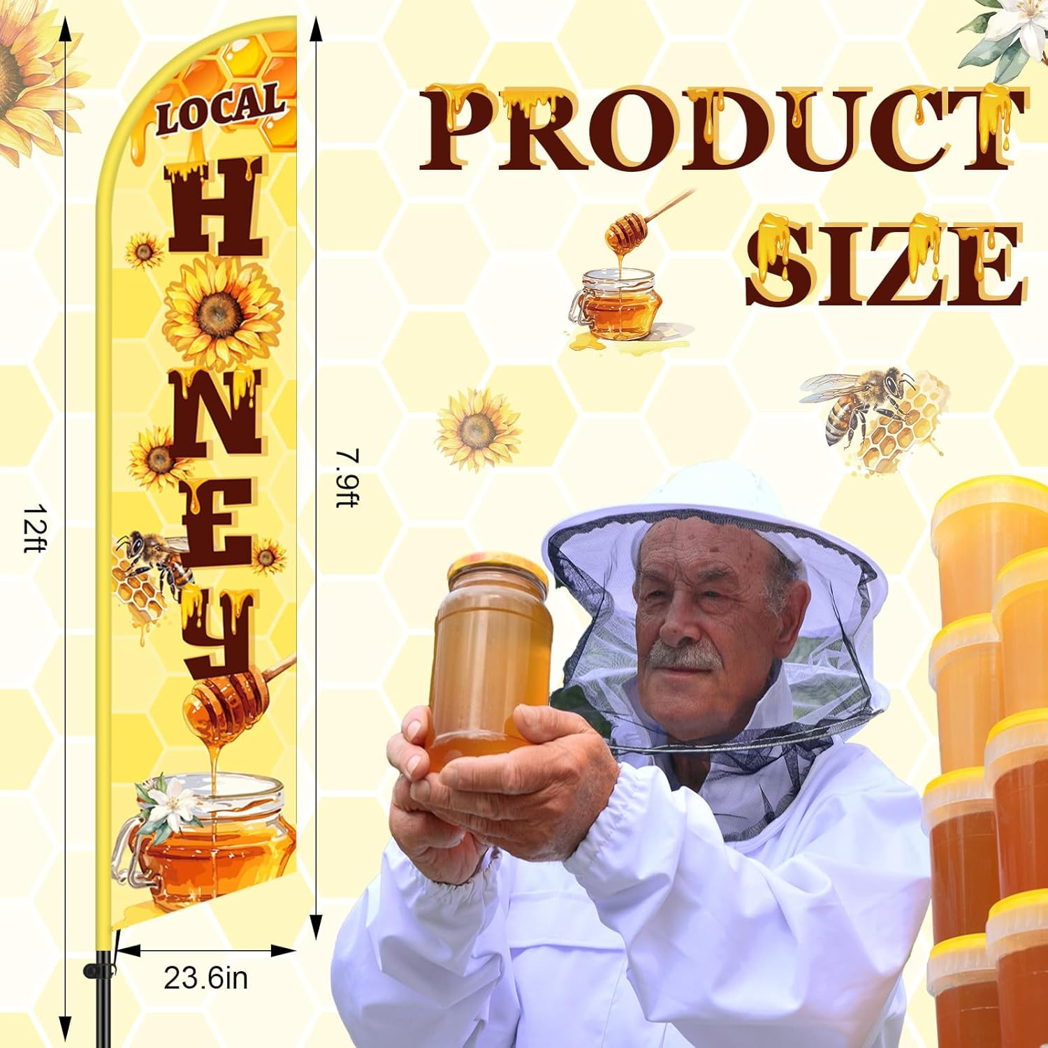 2 Pcs Local Honey Advertising Feather Banner with Flag Pole Kit 12 ft Feather Ba