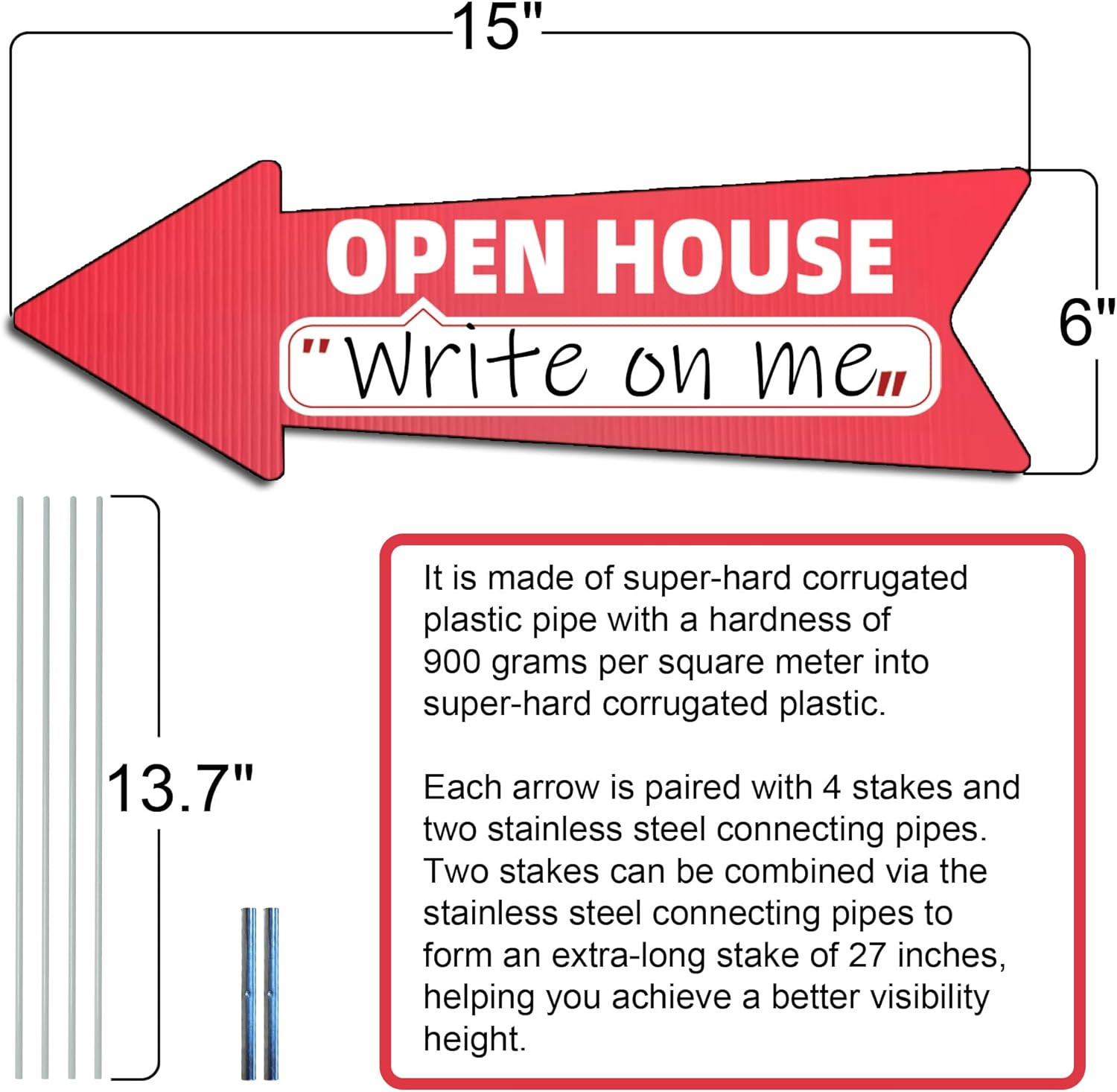 Open House Red Double – Sided Yard Sign with Arrows, 16″ X 5″ Inch, 12 Pcs 13.8″