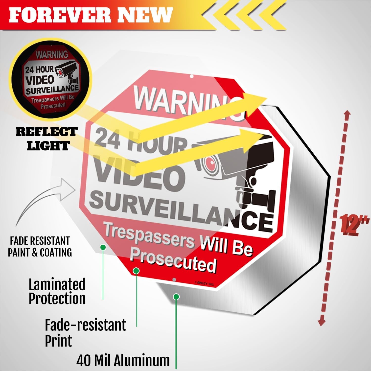 Anley 24 Hour Video Surveillance Signs Aluminum Warning Sign Security Alert