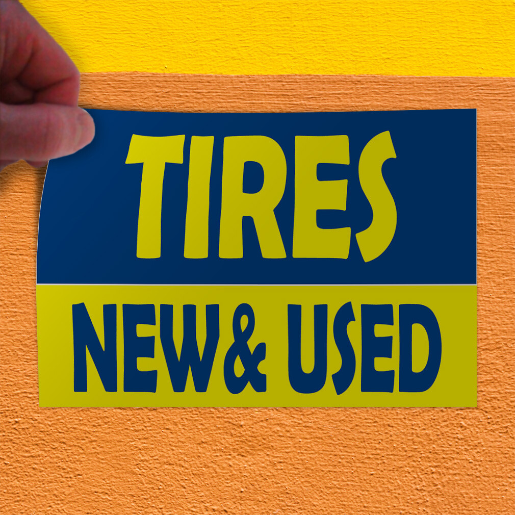 Decal Stickers Tires New and Used Yellow Blue Vinyl Store Sign Label Automotive