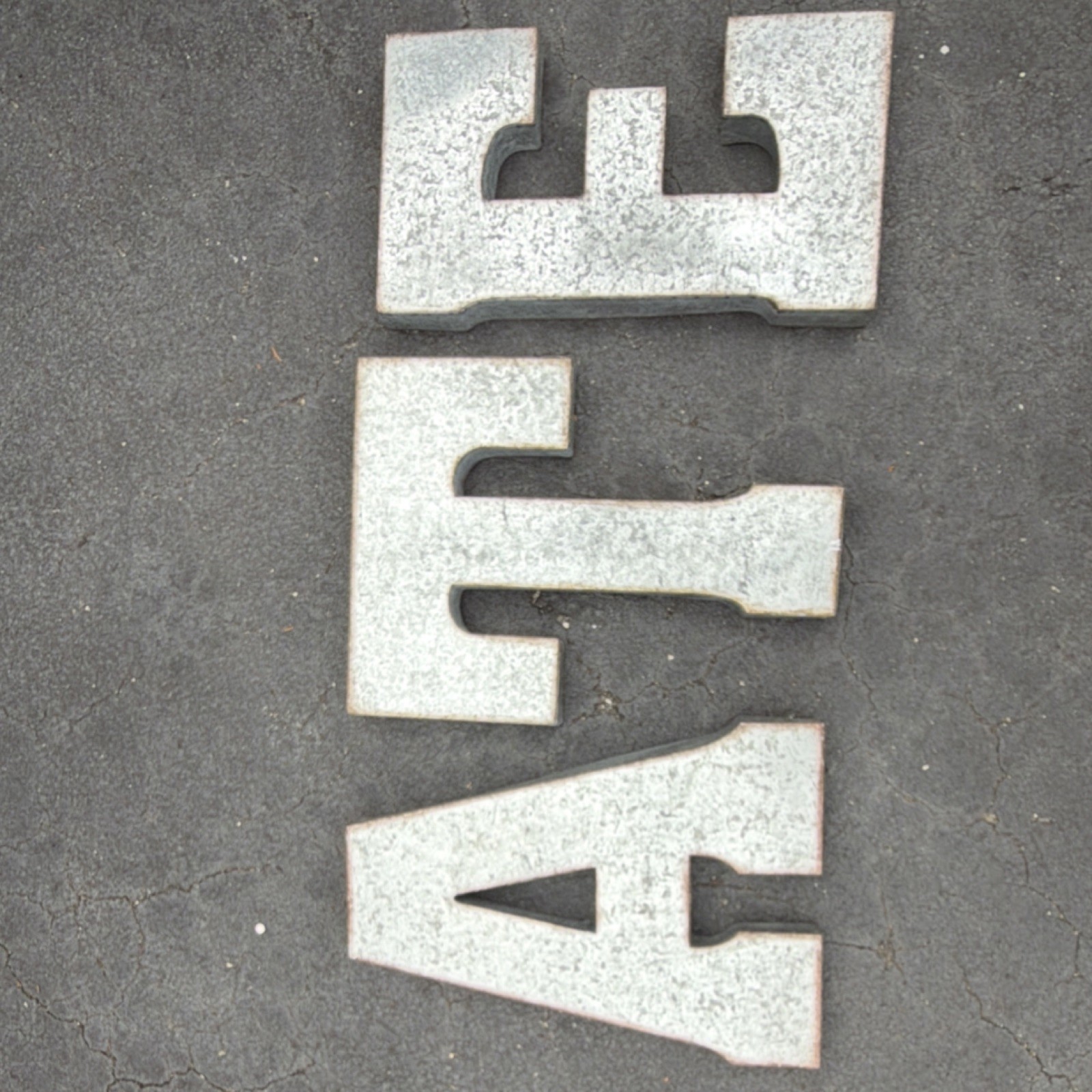 Galvanized Gray Metal Wall Mounted Individual Letters A E T, approx 12” x 21