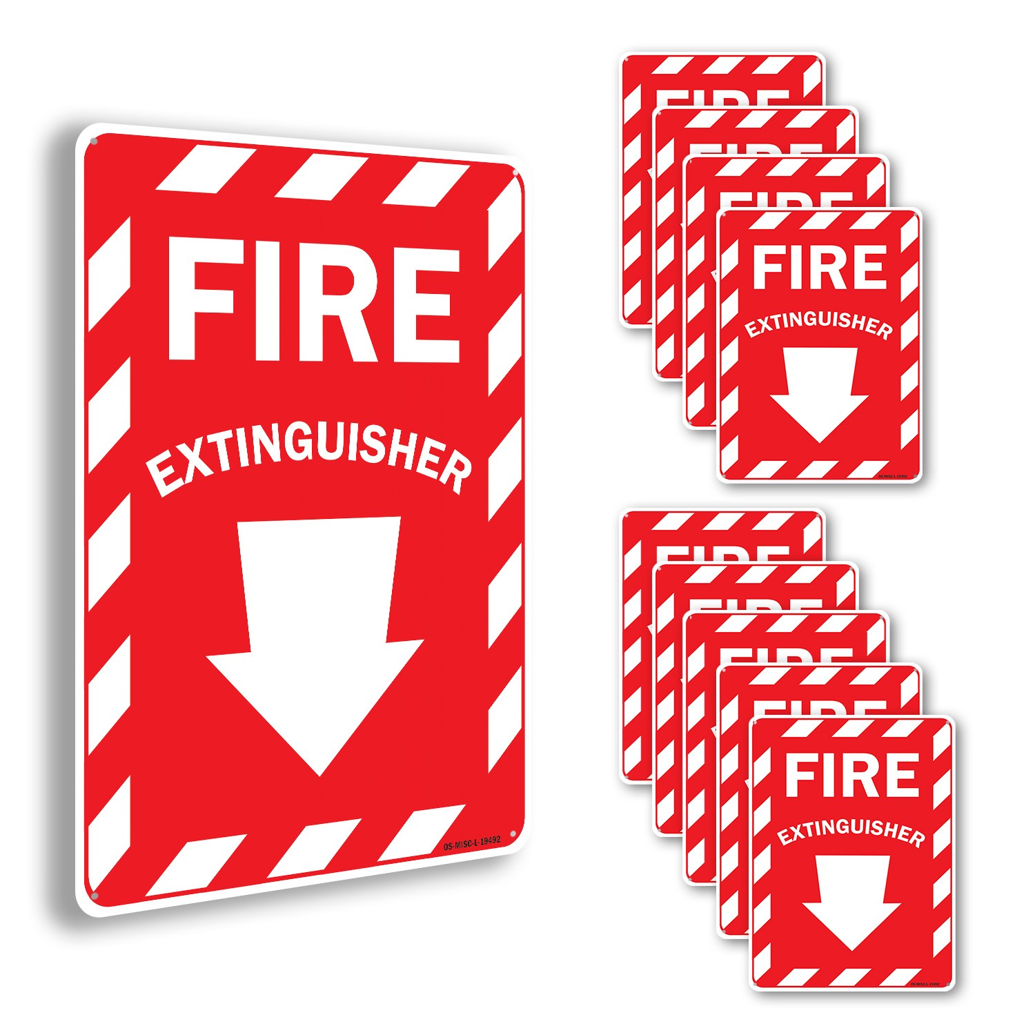Fire Extinguisher with Arrow OSHA Sign Metal, Plastic, Or Decal – 5 or 10 Pack
