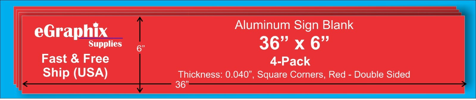 (4-Pack) RED Aluminum Sign Blank, 36″ x 6″ x 0.040″, Squared Corners, In/Out