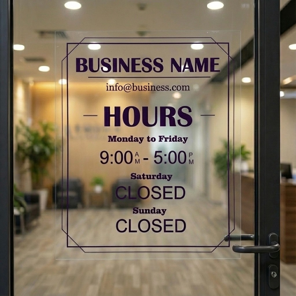 Custom Business Hours Sign for Door – Personalized Static Cling Window Decal