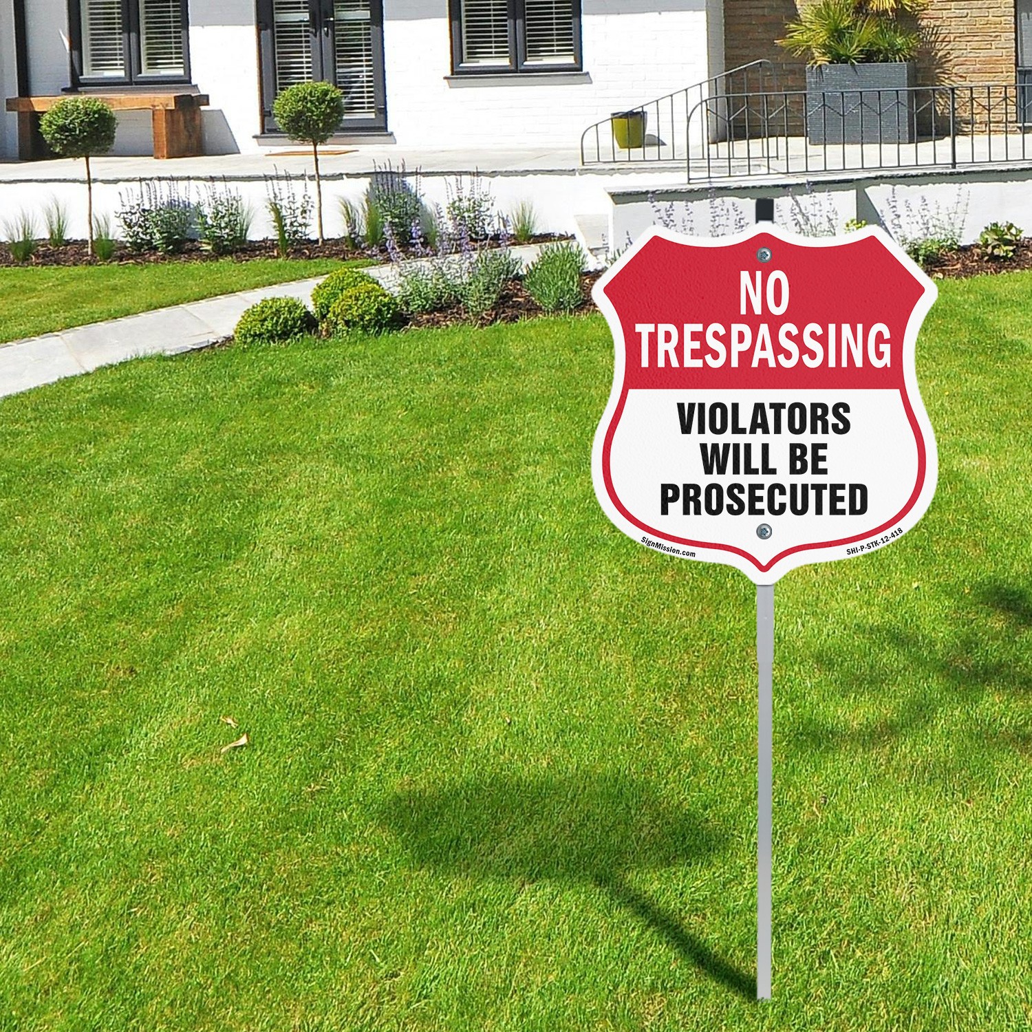 No Trespassing Shield Sign Violators Will Be Prosecuted Shield Sign With Stake