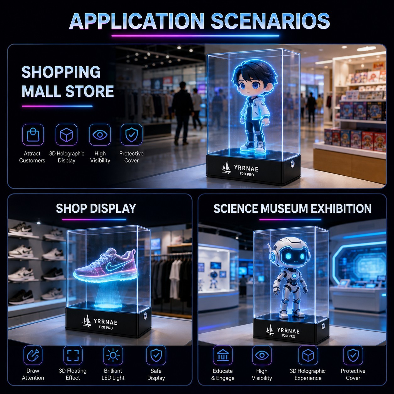 YRRNAE 3D Hologram Fan Display 8in LED Sign WiFi App Cover 1500 Videos 1080P