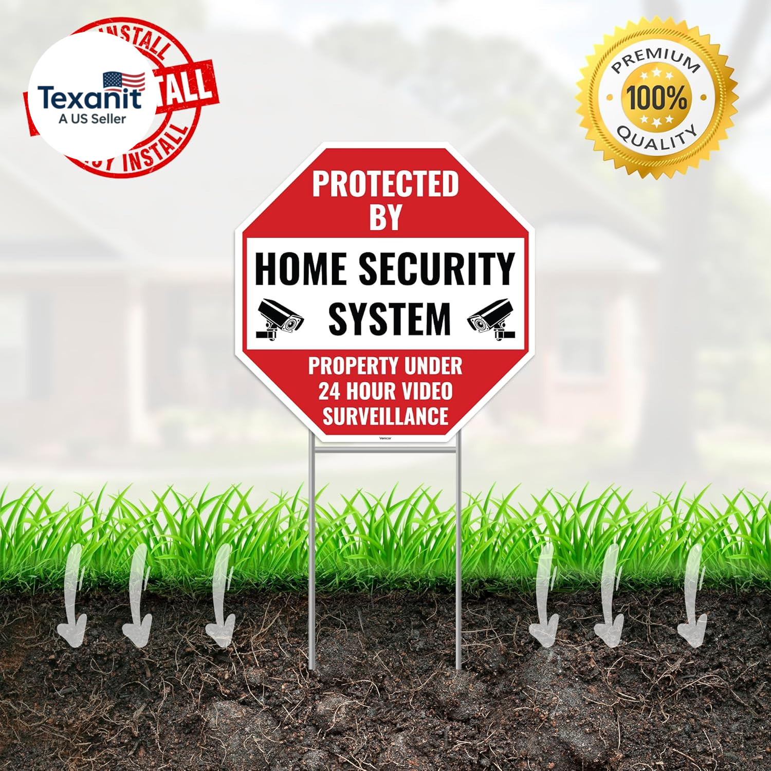 2PC 24 Home Security Signs with Stakes, 13″X13″ – Corrugated Plastic – Protected