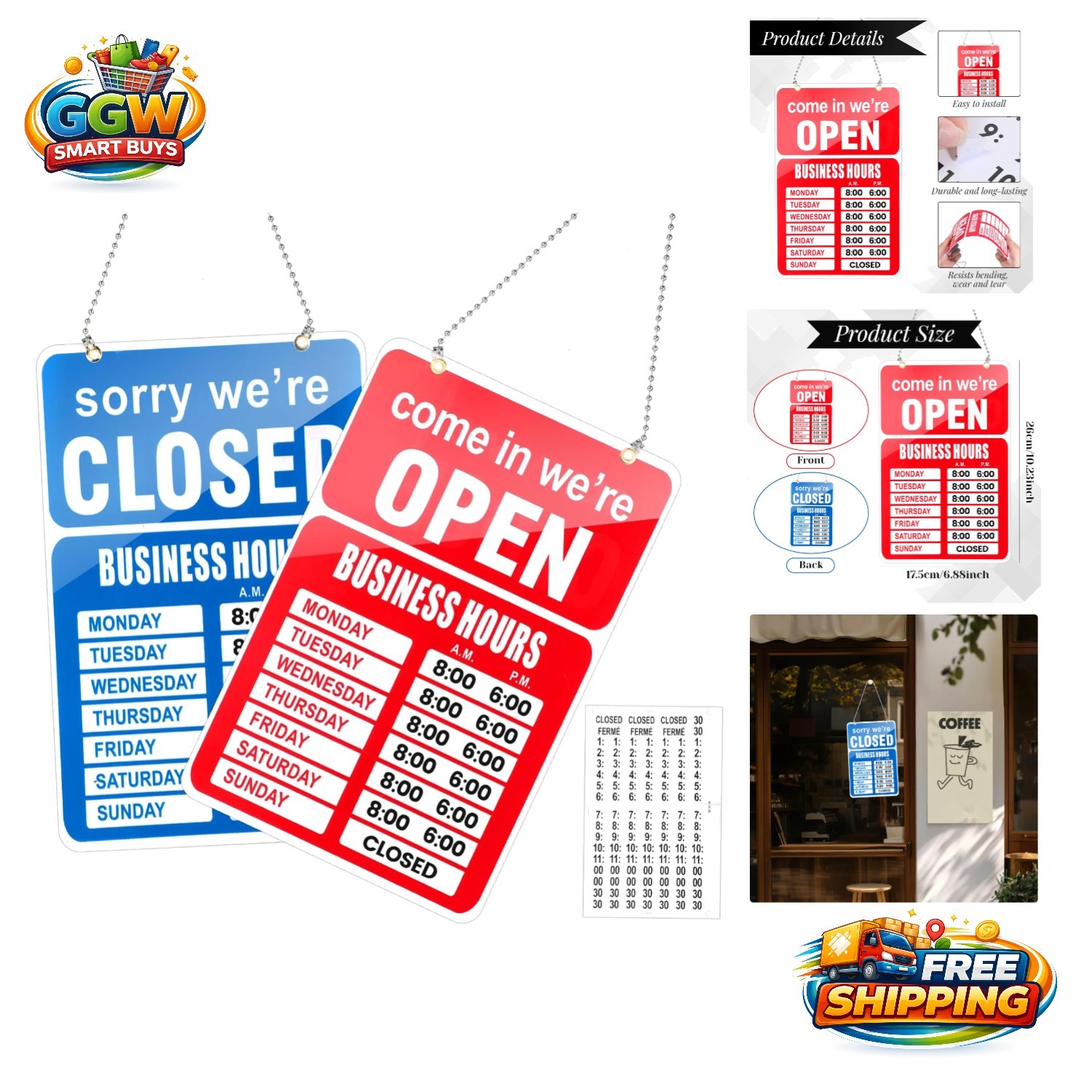 Customizable Open/Close Business Hours Sign – Ideal for Glass Doors, 10.63″x6.9″