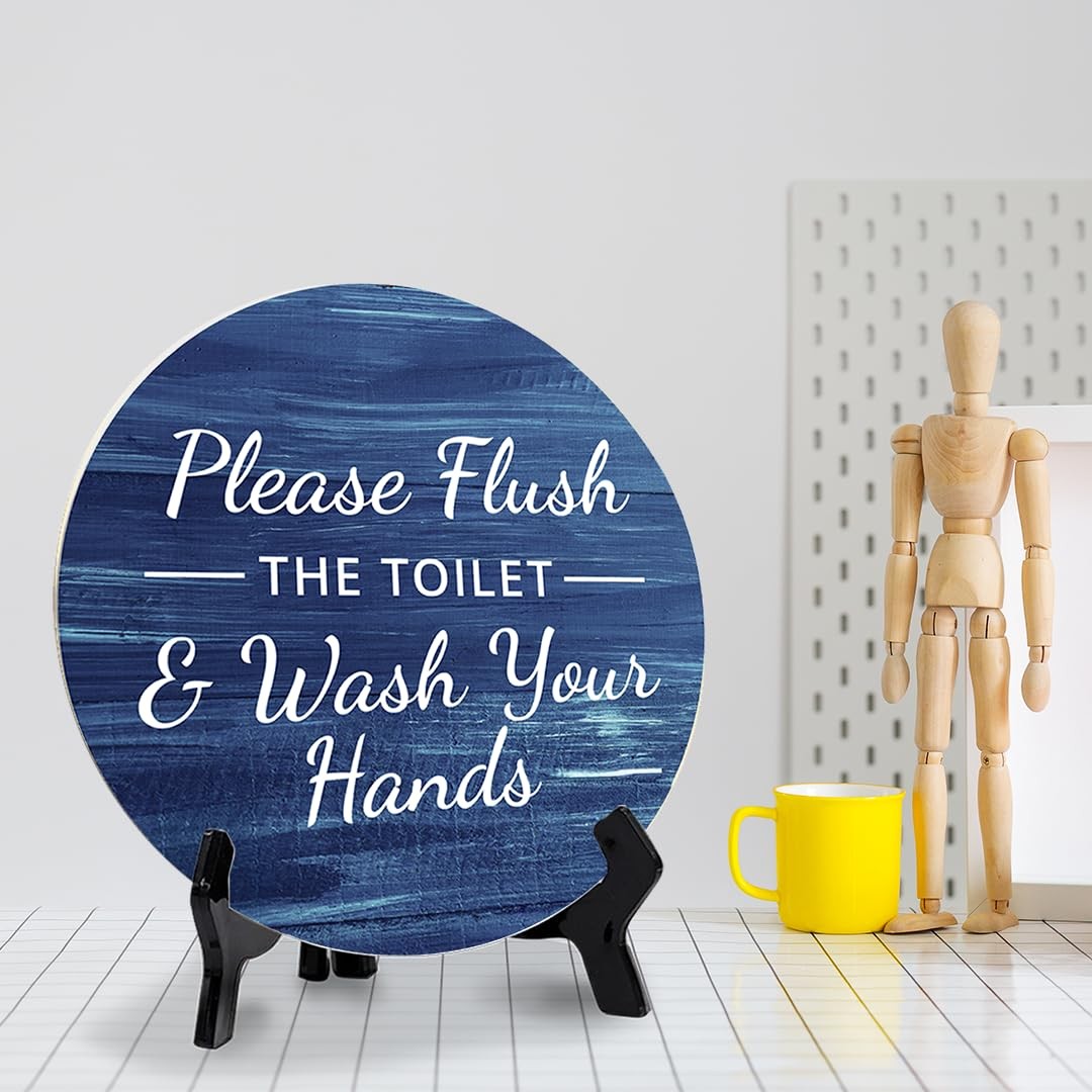 Round Please Flush The Toilet Wash Your Hands Wood Table Sign 5×5 Inch