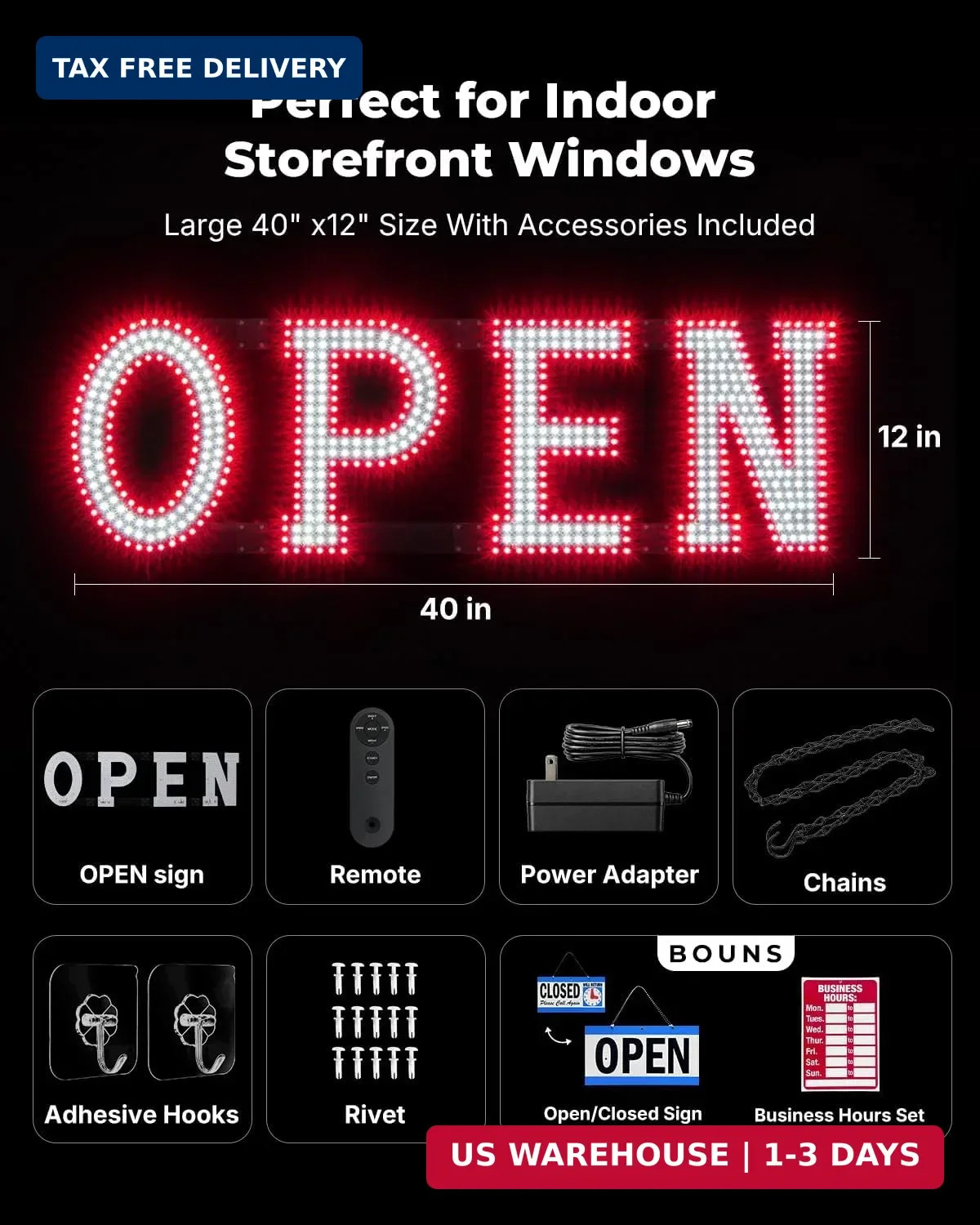 40 x 12 Inch LED Open Sign for Business – Timer via Remote & BT APP Control, Ult