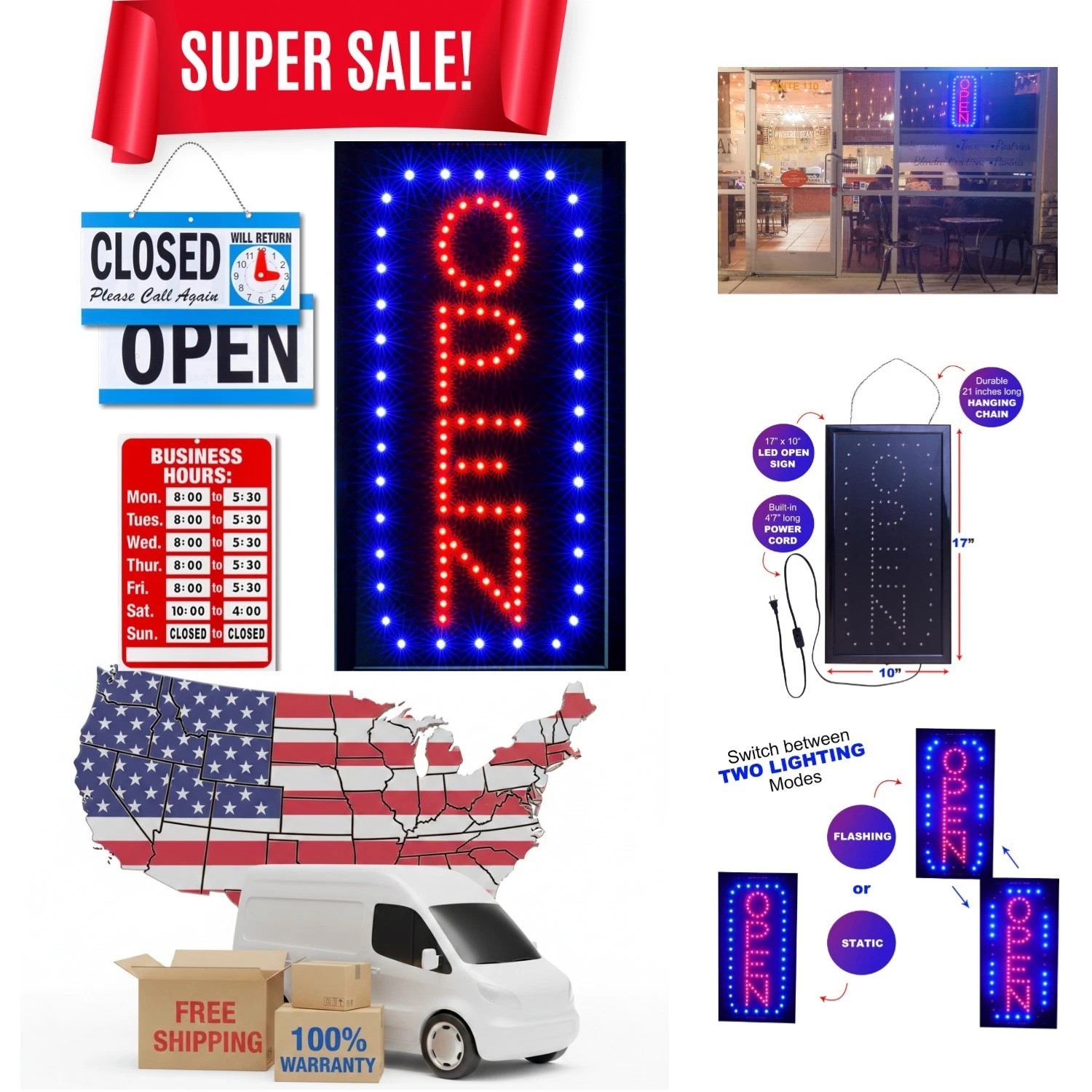 Modern Vertical Neon Open Sign with Business Hours – Easy Installation & Bright