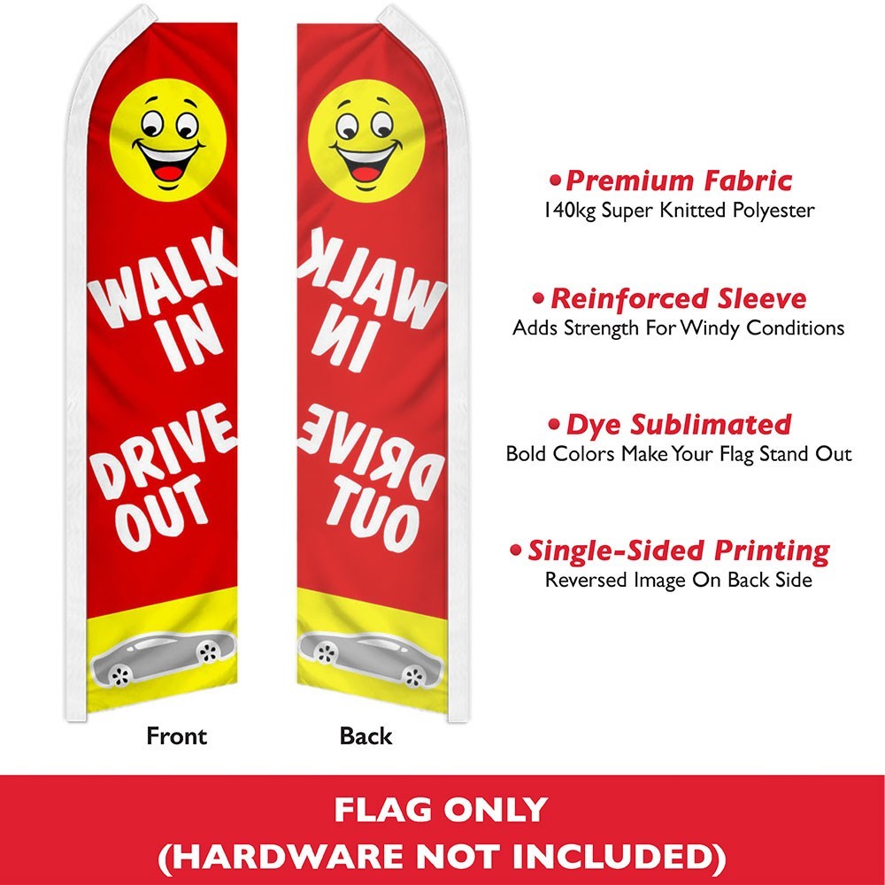 Walk In Drive Out Red Swooper Flutter Feather Advertising Auto Dealership Flag
