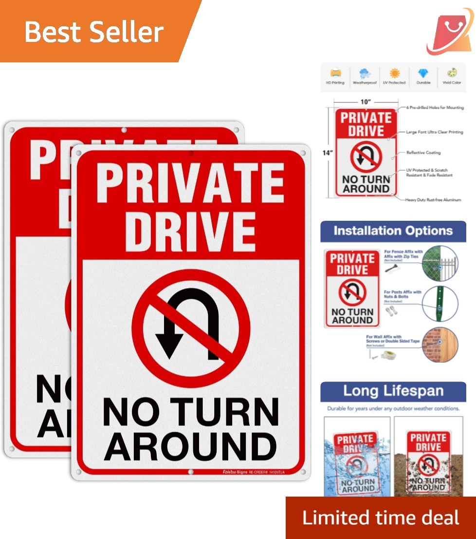 Driveway Sign No Turn Around Reflective Aluminum Outdoor Indoor 14×10 In 2 Pack