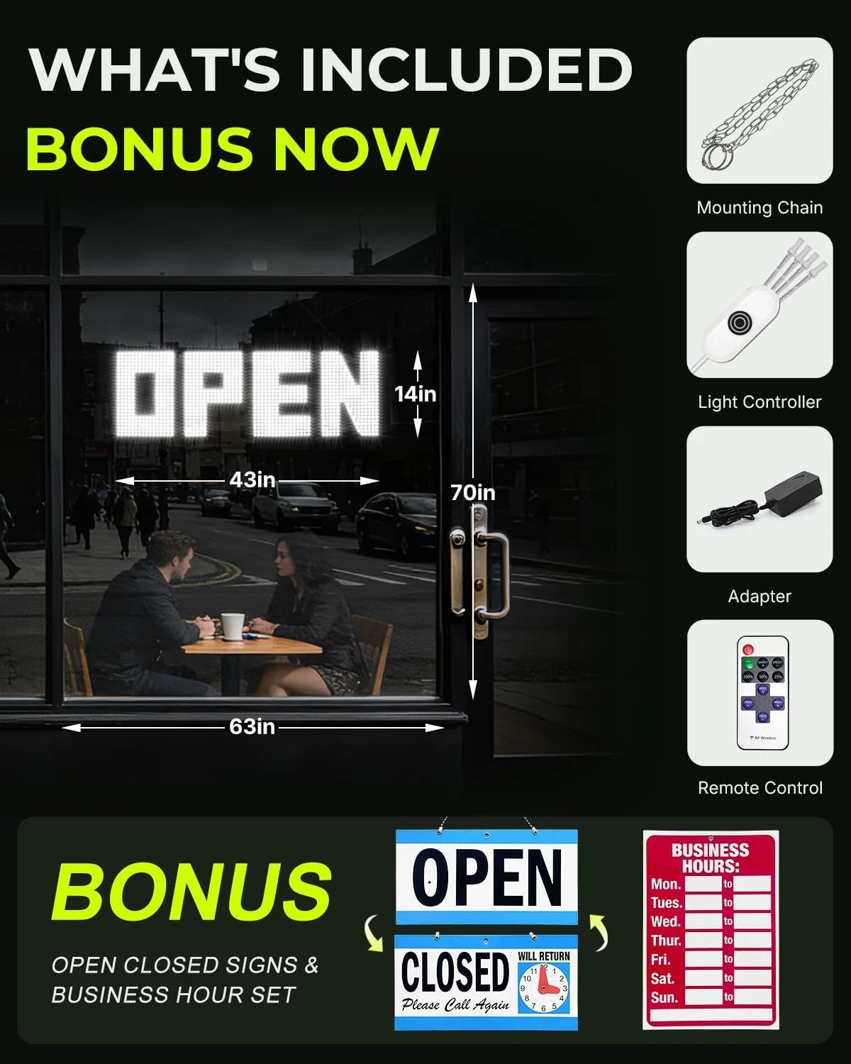 Large 43″x14″ Dimmable LED Open Sign for Retail Shops & Cafes