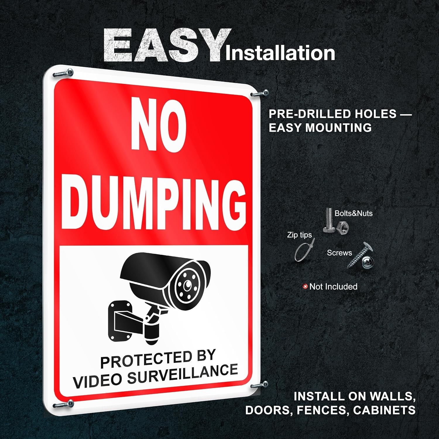 2 PC No Dumping Signs, Reflective 7 x 10 Aluminum No Littering Signs with Video