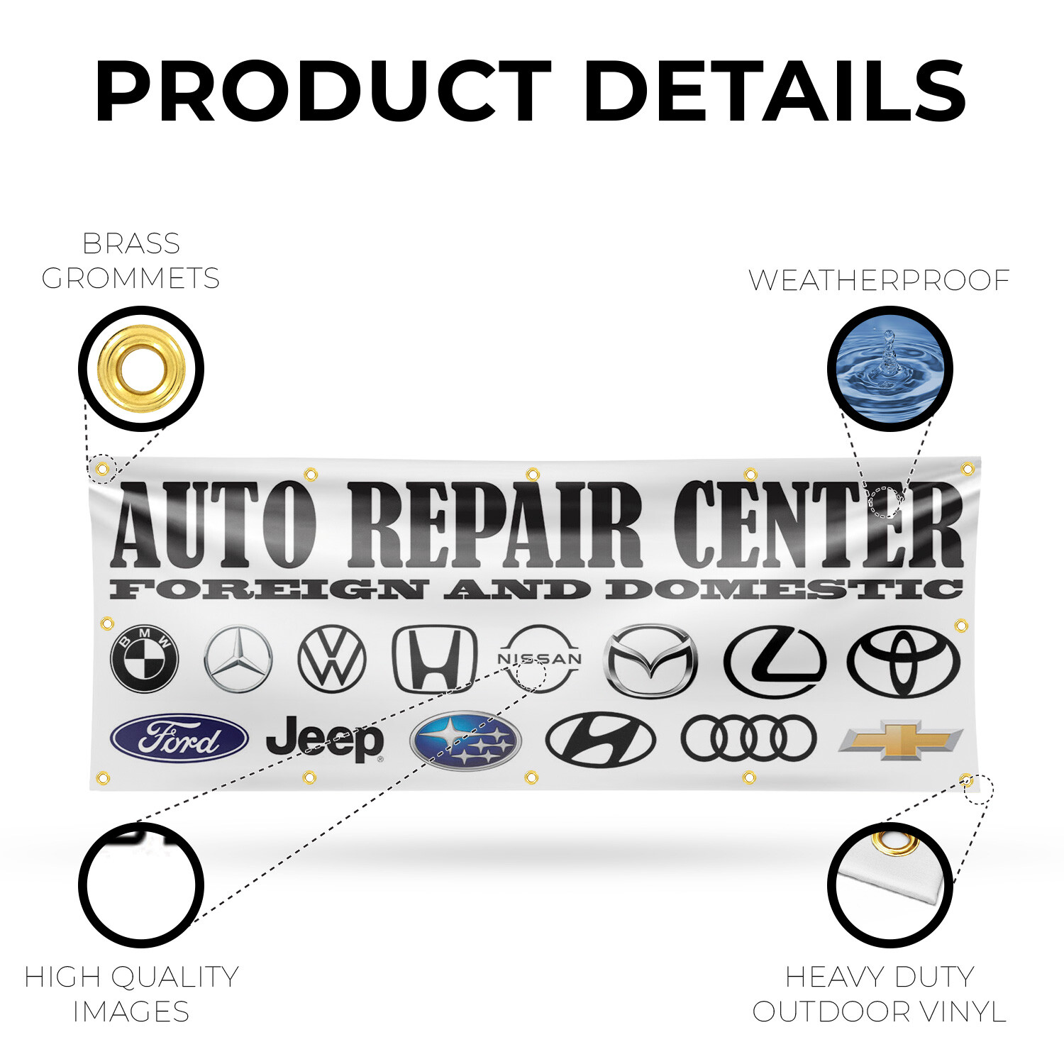 Auto Repair Center Foreign and Domestic Vinyl Banner Sign with Metal Grommets