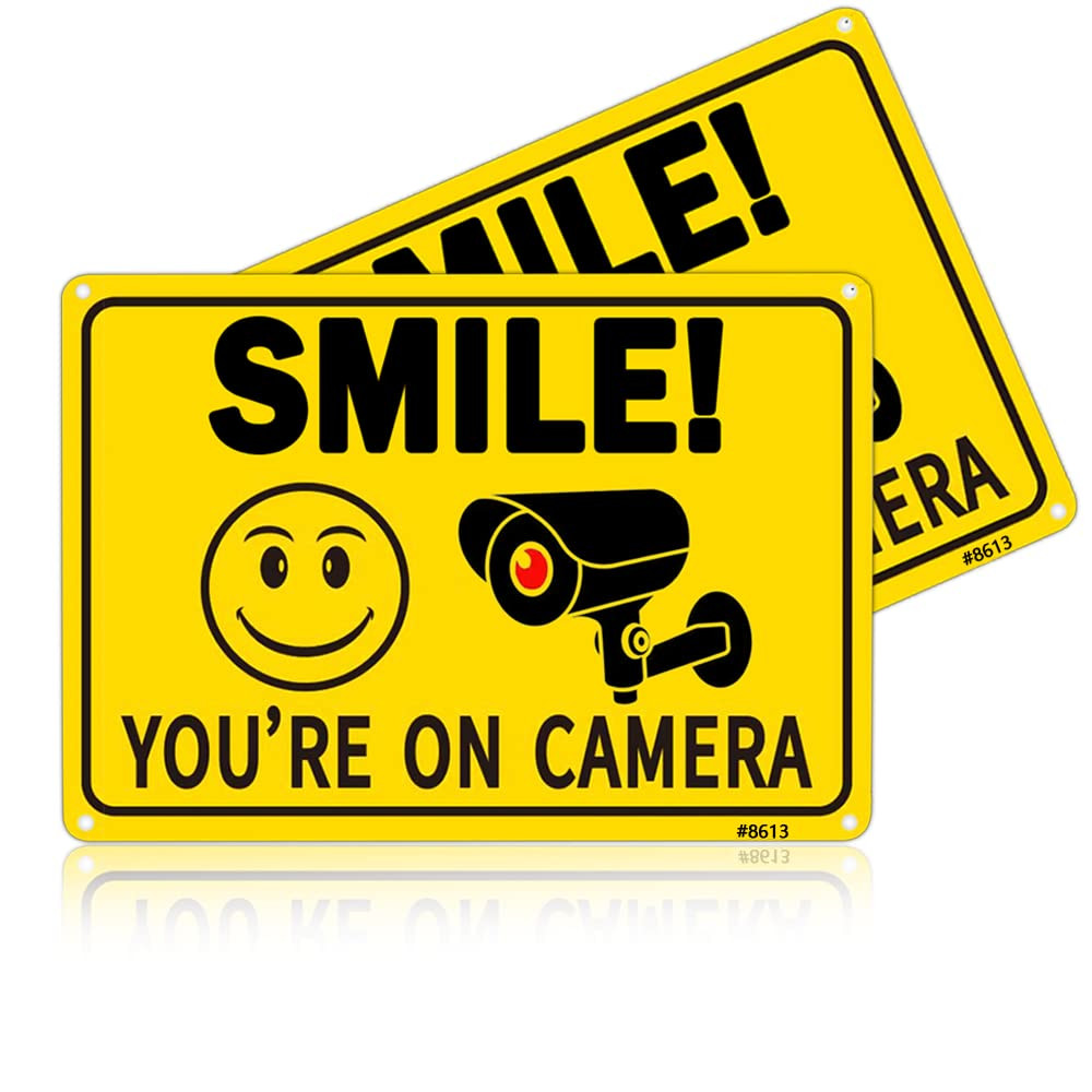 2 Pack Smile Youre On Camera Security Signs 10 x 7 Inch Rust Free Aluminum UV