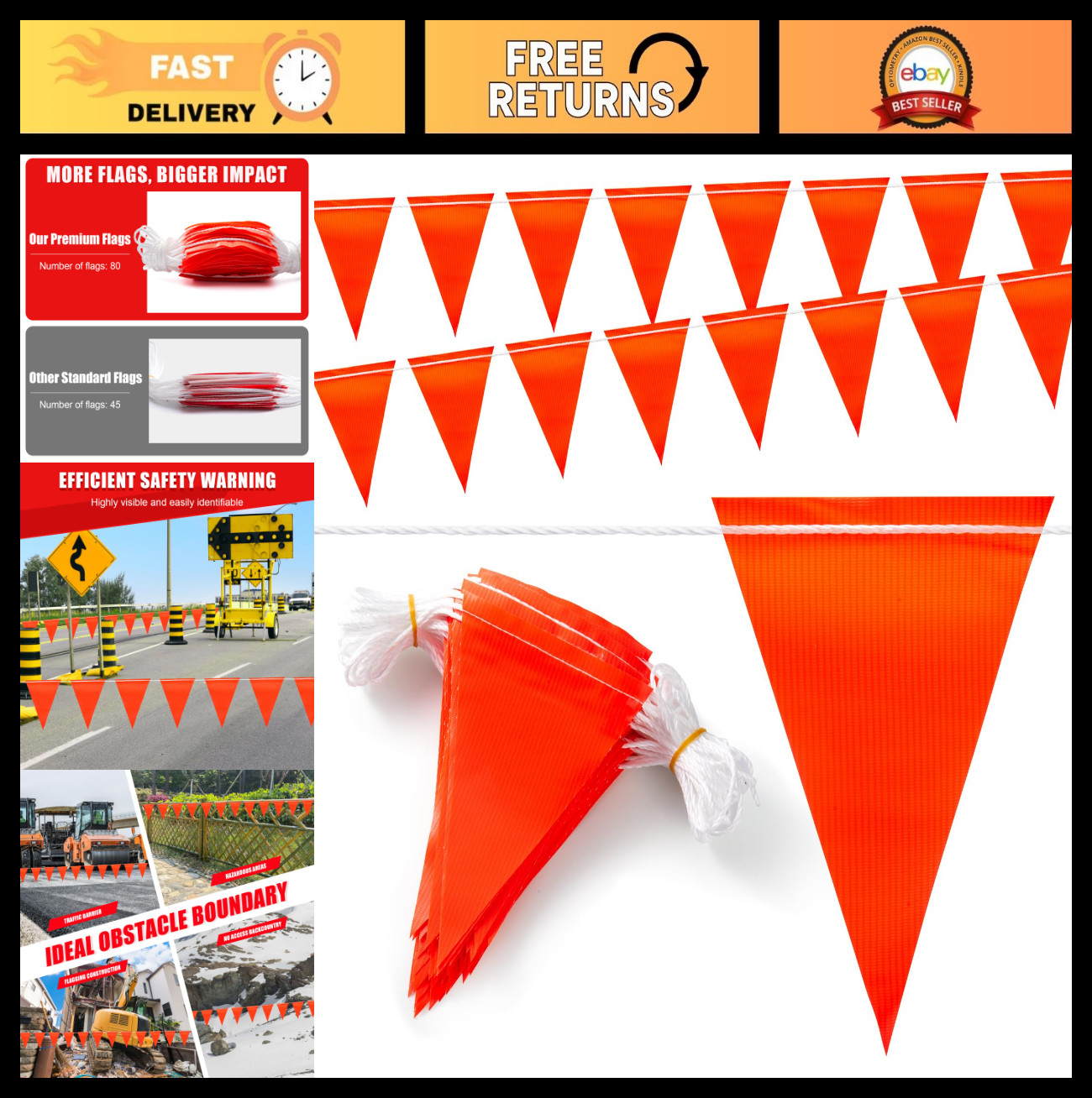 High Visibility Safety Pennant Banner Flag – 105FT, 80PCS Colored Triangle Signs